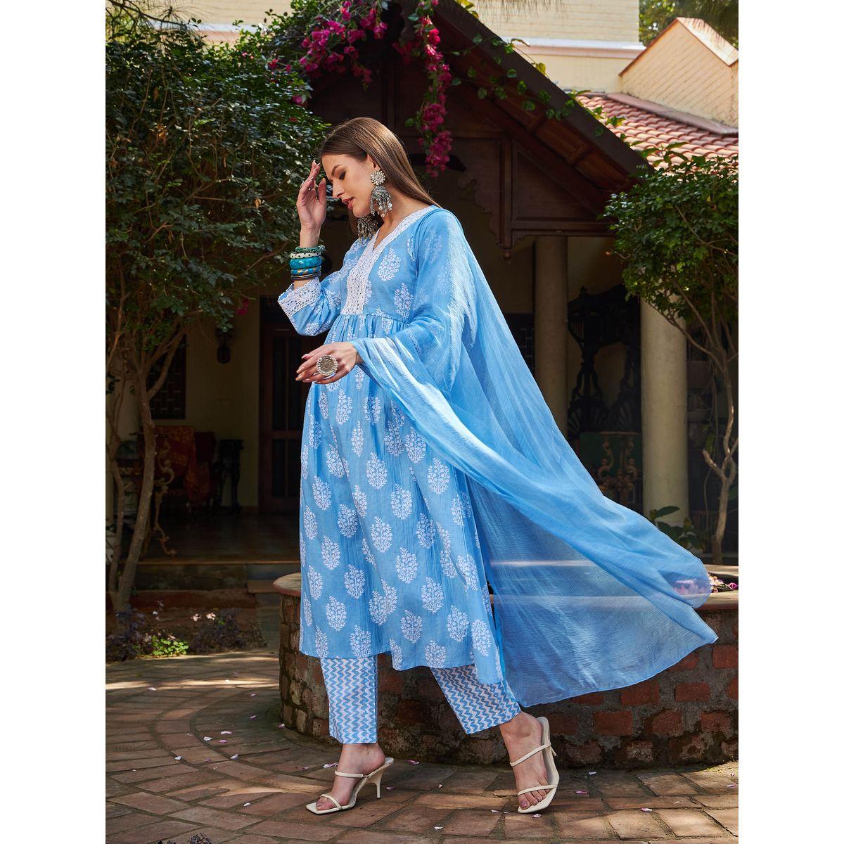 Shae by SASSAFRAS Blue Floral Gathered Kurta with Pencil Pants and Dupatta Set-women-clothing-ethnicwear-sareesets-image-3