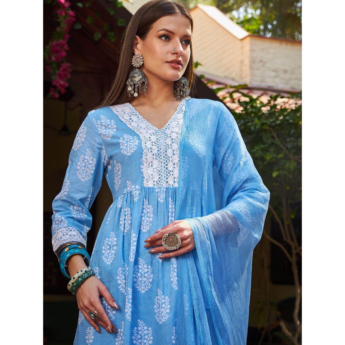 Shae by SASSAFRAS Blue Floral Gathered Kurta with Pencil Pants and Dupatta Set-women-clothing-ethnicwear-sareesets-image-4