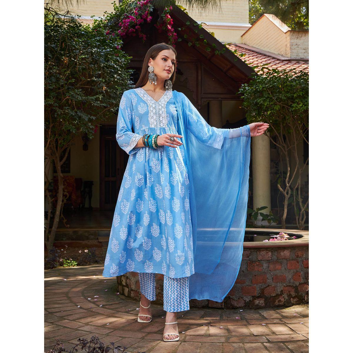 Shae by SASSAFRAS Blue Floral Gathered Kurta with Pencil Pants and Dupatta Set-women-clothing-ethnicwear-sareesets-image-8
