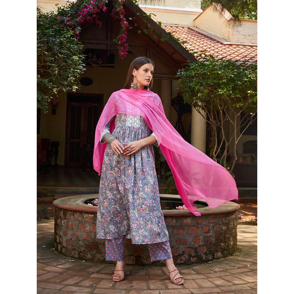 طقم من كورتا وبنطال مع دوباتا-women-clothing-ethnicwear-sareesets-image-2