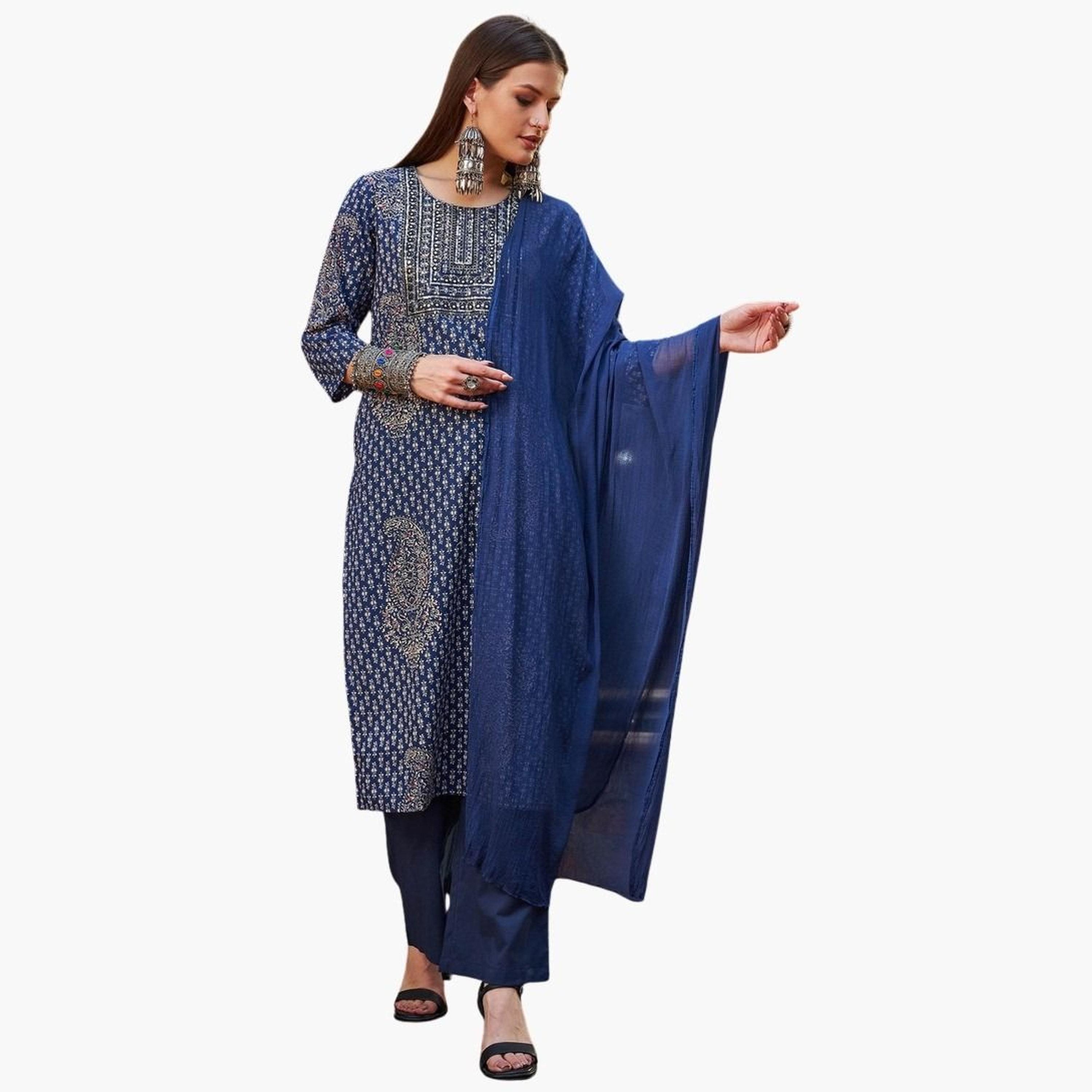 شاي باي ساسافراس - كورتا أزرق داكن مزهر مع بنطال ضيق ووشاح للنساء-women-clothing-ethnicwear-kurtasets-image-1