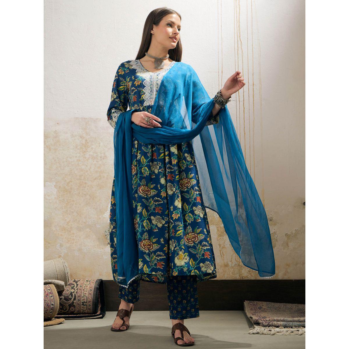 Shae by SASSAFRAS Navy Floral Gathered Kurta with Pencil Pants and Dupatta Set-women-clothing-ethnicwear-sareesets-image-1