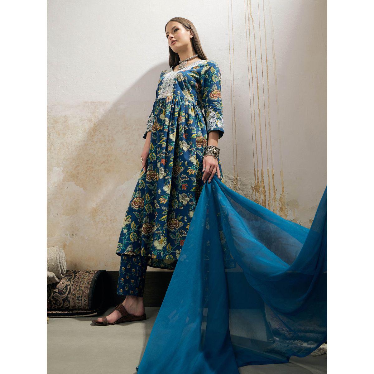 Shae by SASSAFRAS Navy Floral Gathered Kurta with Pencil Pants and Dupatta Set-women-clothing-ethnicwear-sareesets-image-2