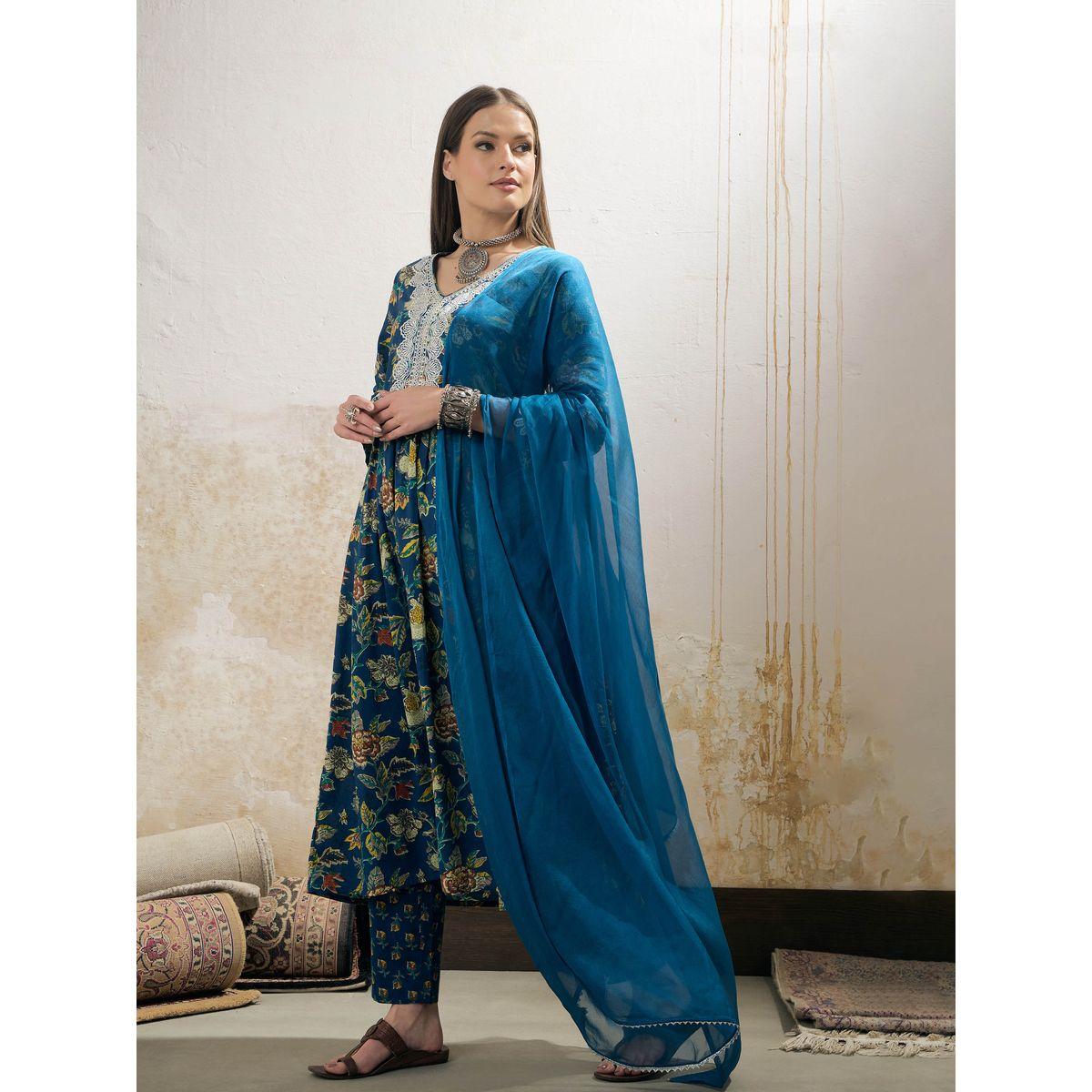 Shae by SASSAFRAS Navy Floral Gathered Kurta with Pencil Pants and Dupatta Set-women-clothing-ethnicwear-sareesets-image-3