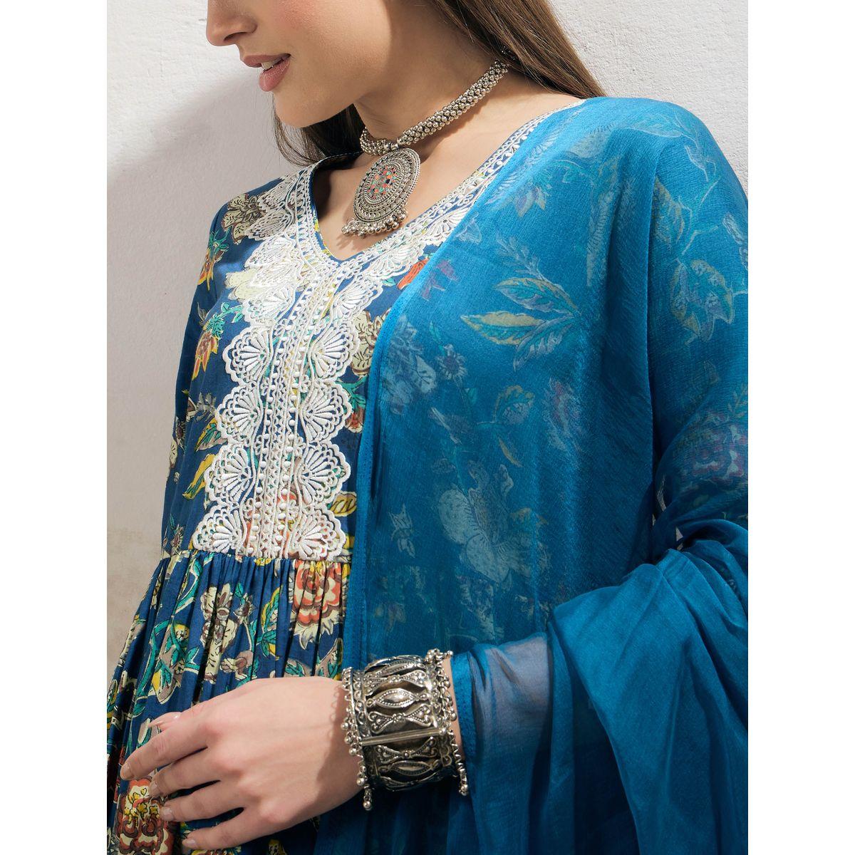 Shae by SASSAFRAS Navy Floral Gathered Kurta with Pencil Pants and Dupatta Set-women-clothing-ethnicwear-sareesets-image-4