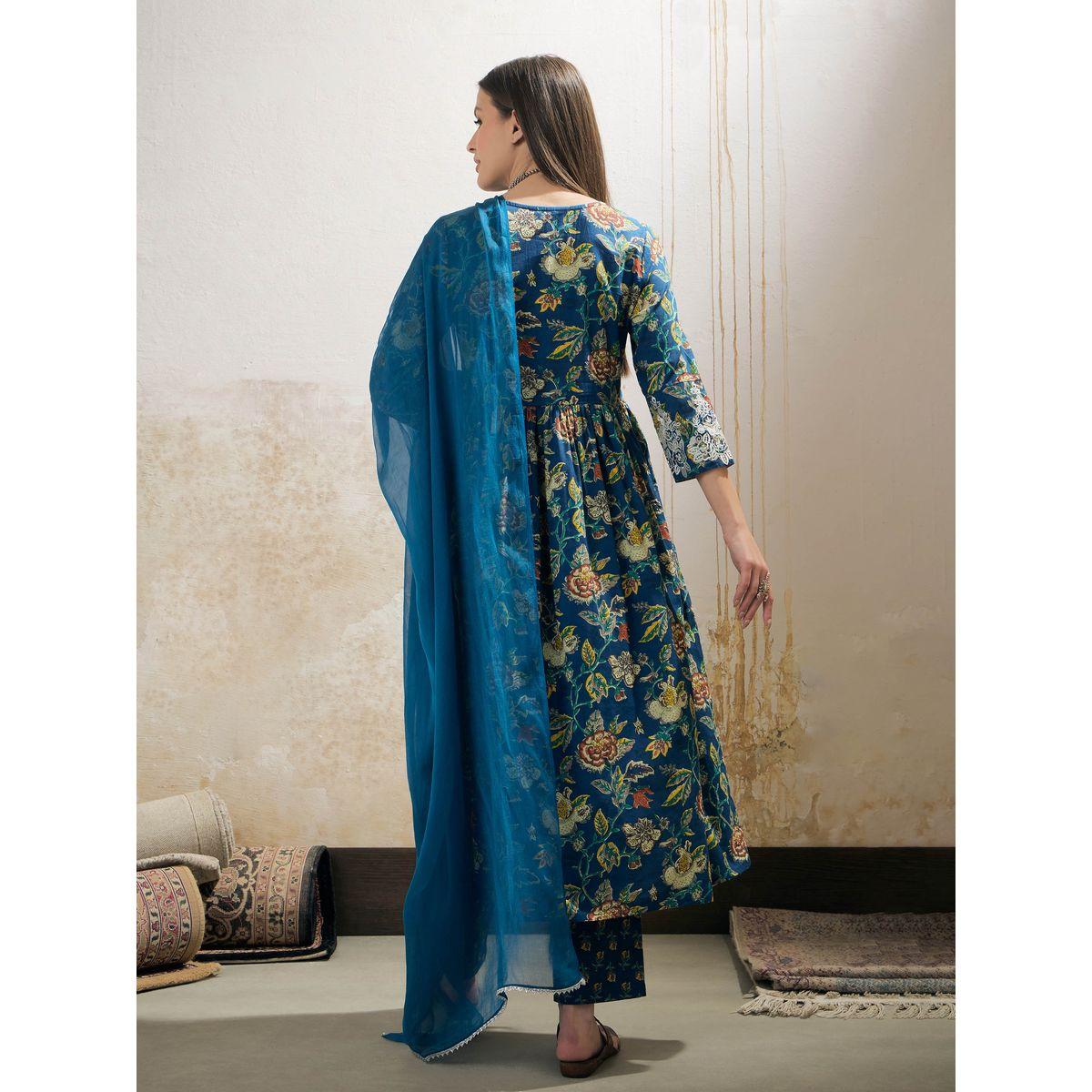 Shae by SASSAFRAS Navy Floral Gathered Kurta with Pencil Pants and Dupatta Set-women-clothing-ethnicwear-sareesets-image-5