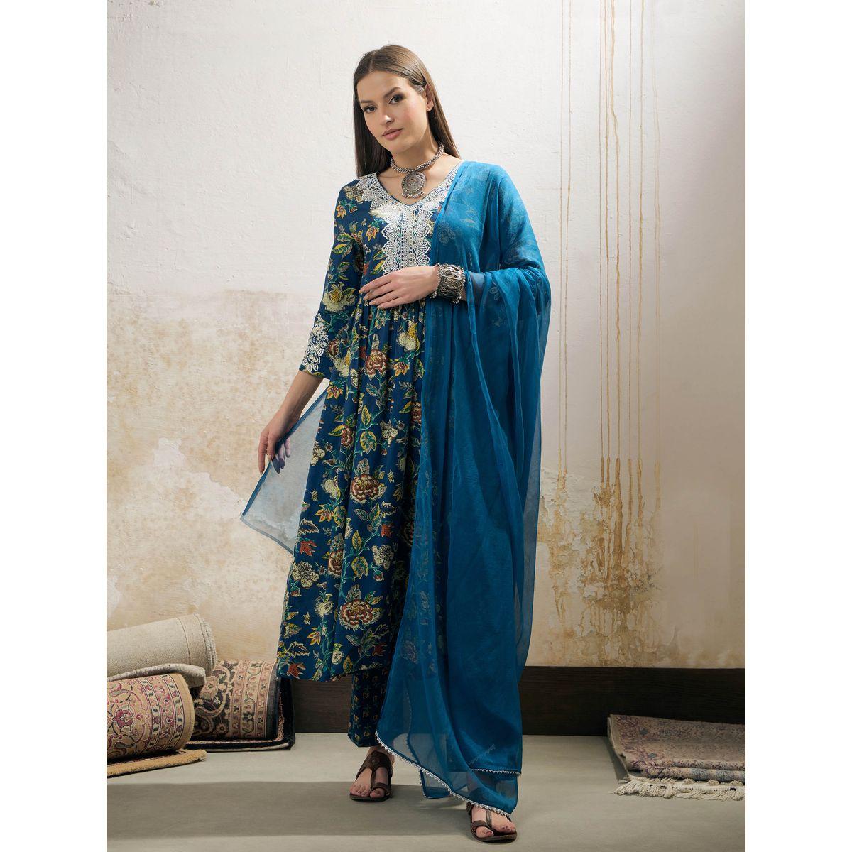 Shae by SASSAFRAS Navy Floral Gathered Kurta with Pencil Pants and Dupatta Set-women-clothing-ethnicwear-sareesets-image-8