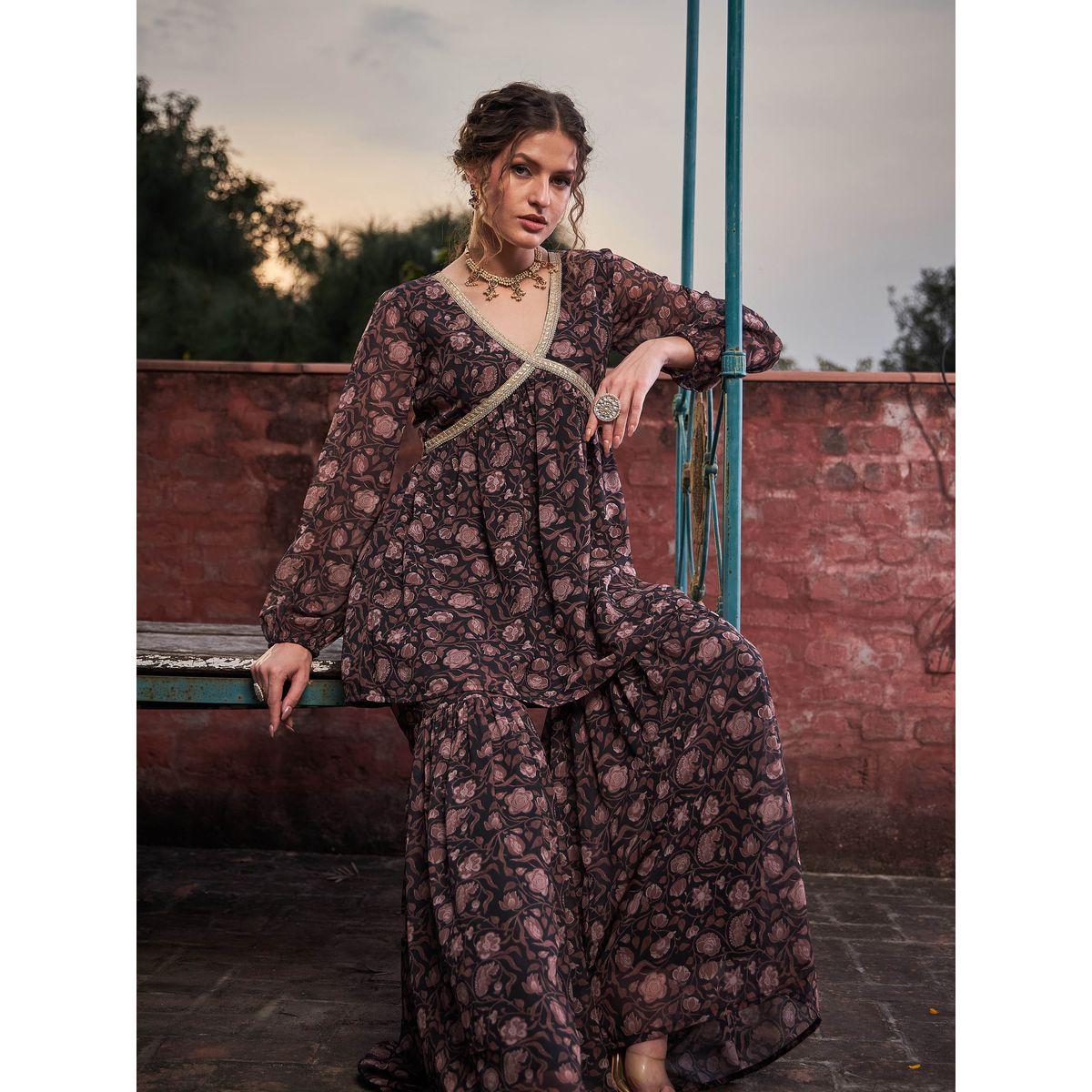 طقم من بلوزة بطبعة زهور مع بنطال شرارة-women-clothing-ethnicwear-kurtasets-image-2