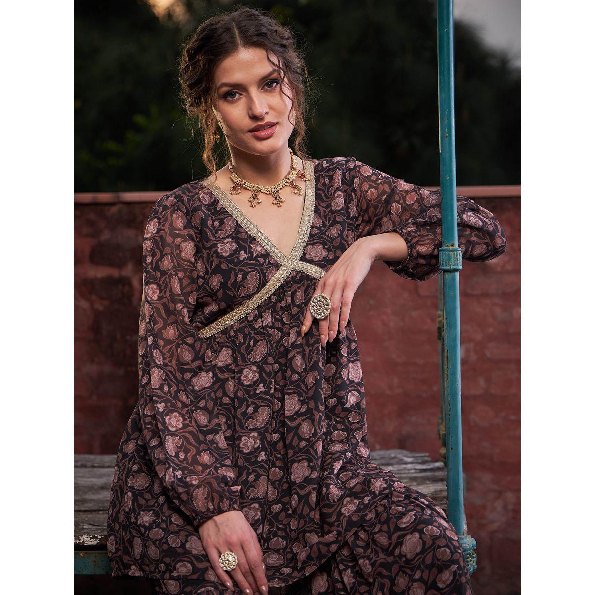طقم من بلوزة بطبعة زهور مع بنطال شرارة-women-clothing-ethnicwear-kurtasets-image-4