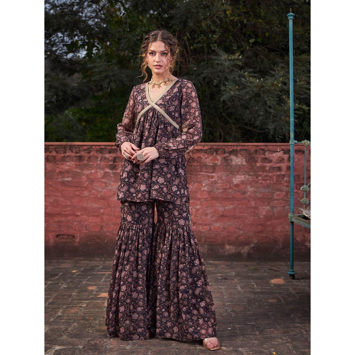 طقم من بلوزة بطبعة زهور مع بنطال شرارة-women-clothing-ethnicwear-kurtasets-image-7