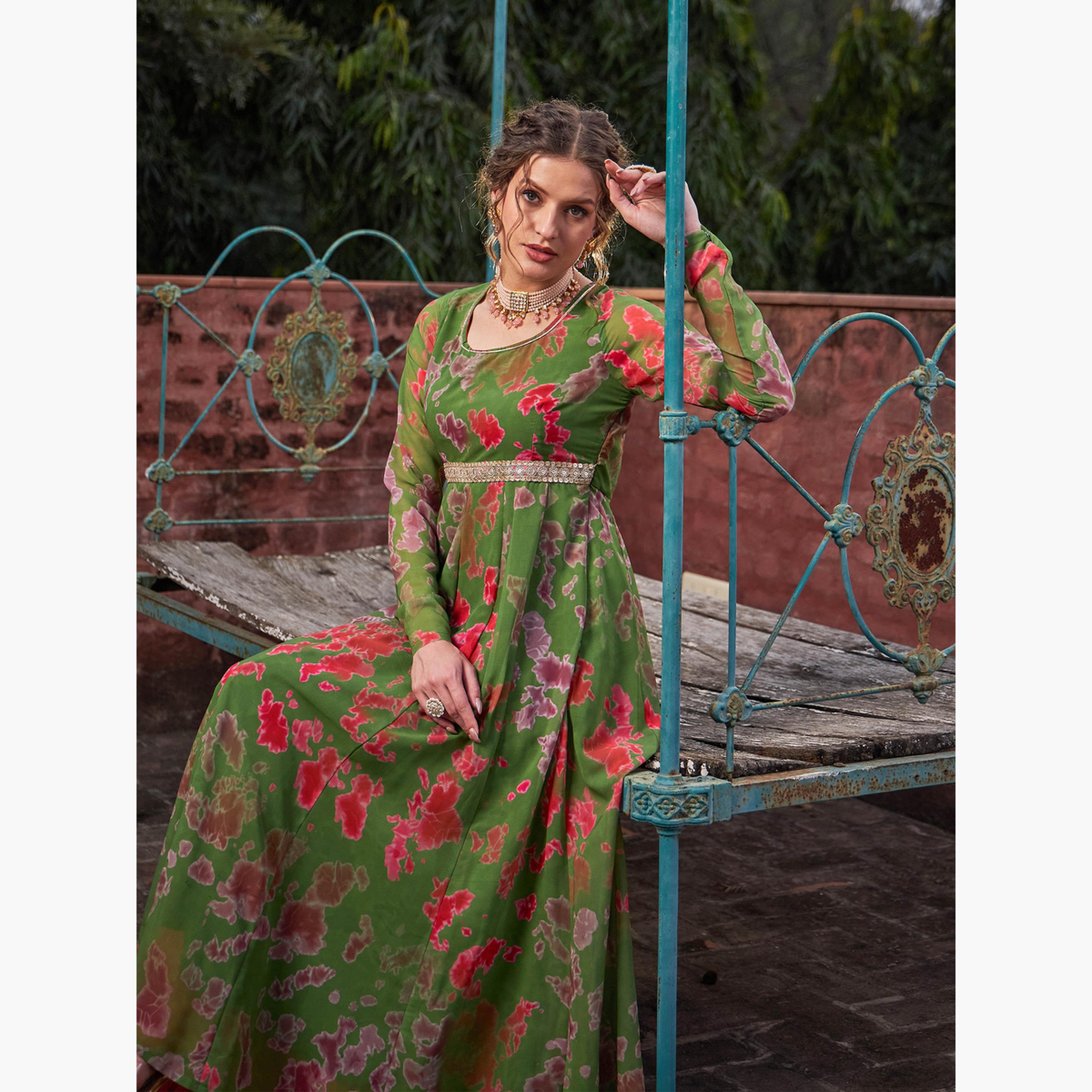 شاي باي ساسافراس - قميص أناركلي دوري بظهر مصبوغ باللون الأخضر ومتقاطع للنساء-women-clothing-ethnicwear-kurtas-image-2