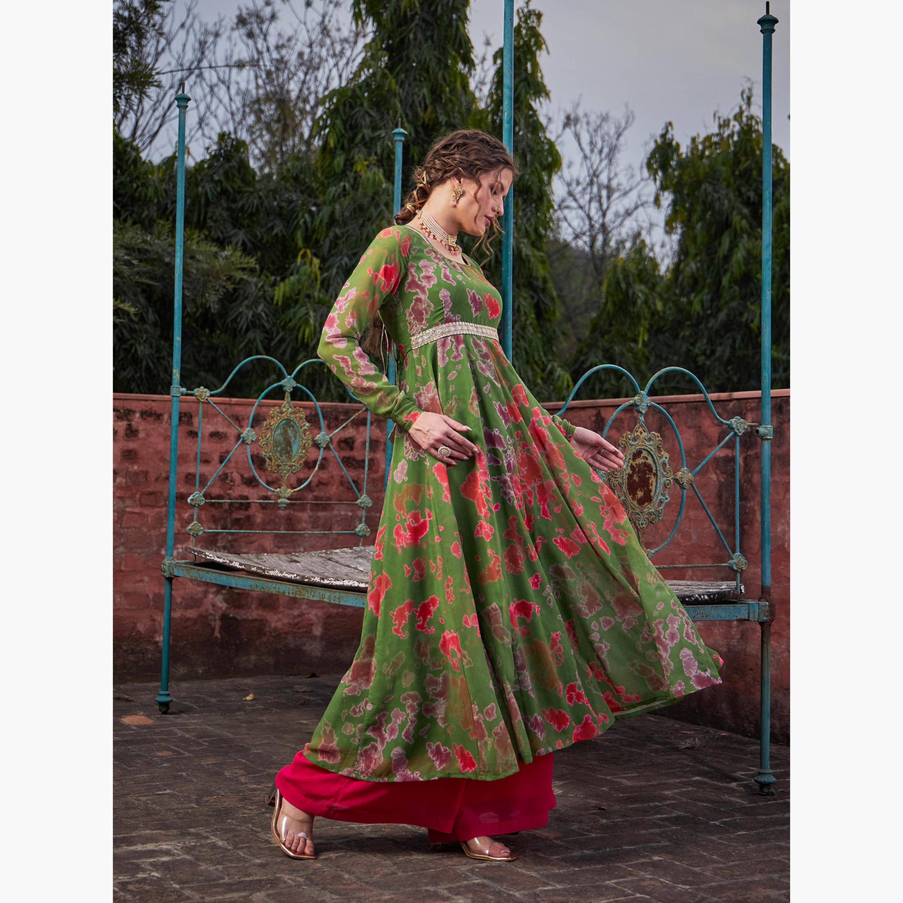 شاي باي ساسافراس - قميص أناركلي دوري بظهر مصبوغ باللون الأخضر ومتقاطع للنساء-women-clothing-ethnicwear-kurtas-image-3