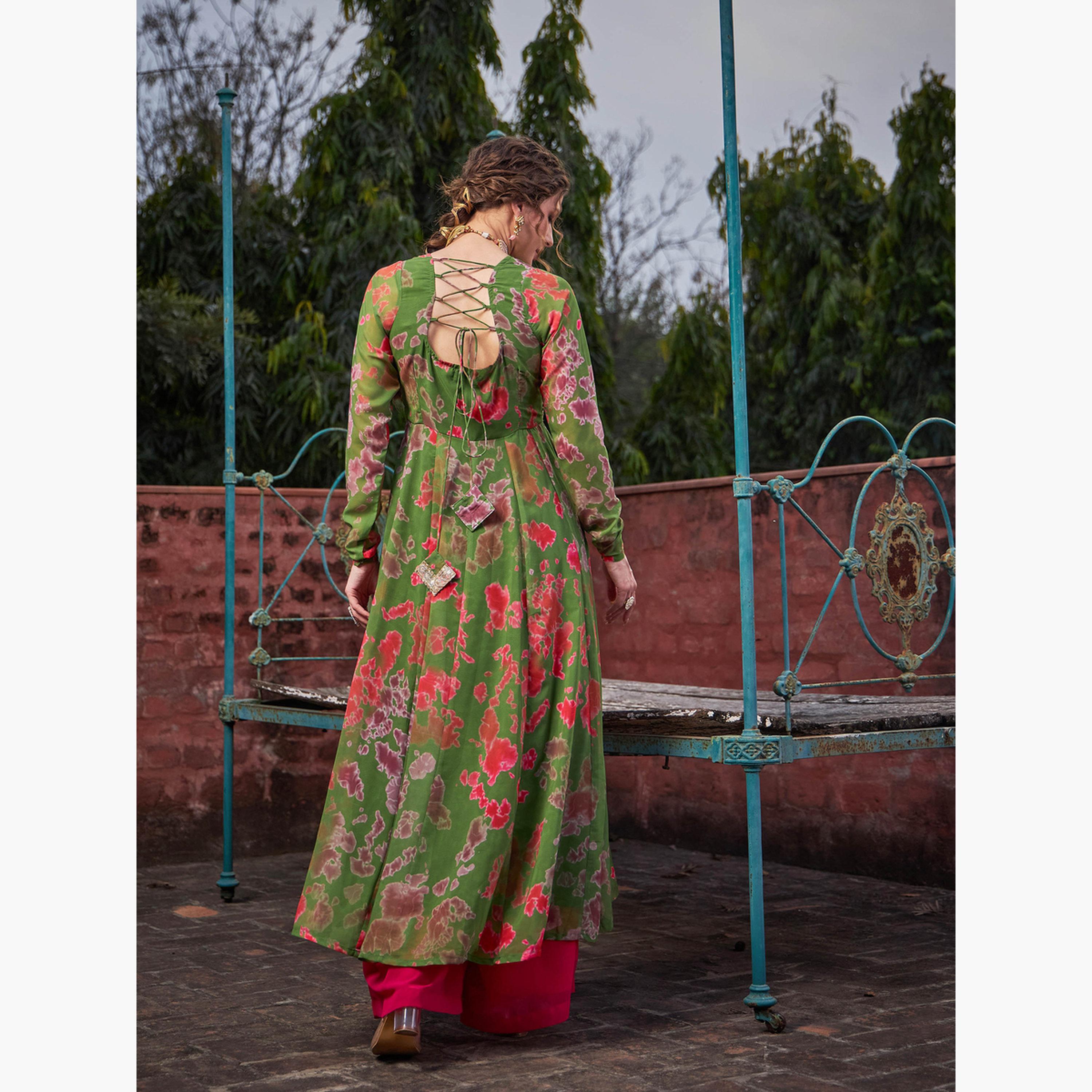 شاي باي ساسافراس - قميص أناركلي دوري بظهر مصبوغ باللون الأخضر ومتقاطع للنساء-women-clothing-ethnicwear-kurtas-image-5