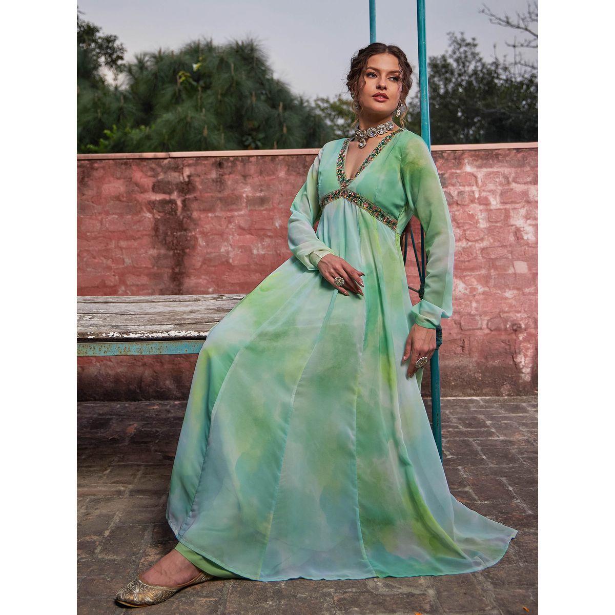 Shae by SASSAFRAS Lime Green Tie-Dye V-Neck Anarkali Kurta-women-clothing-ethnicwear-kurtas-image-1