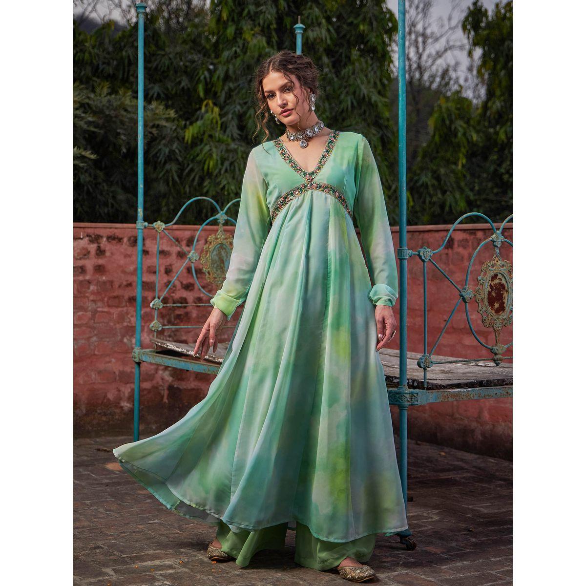 Shae by SASSAFRAS Lime Green Tie-Dye V-Neck Anarkali Kurta-women-clothing-ethnicwear-kurtas-image-6
