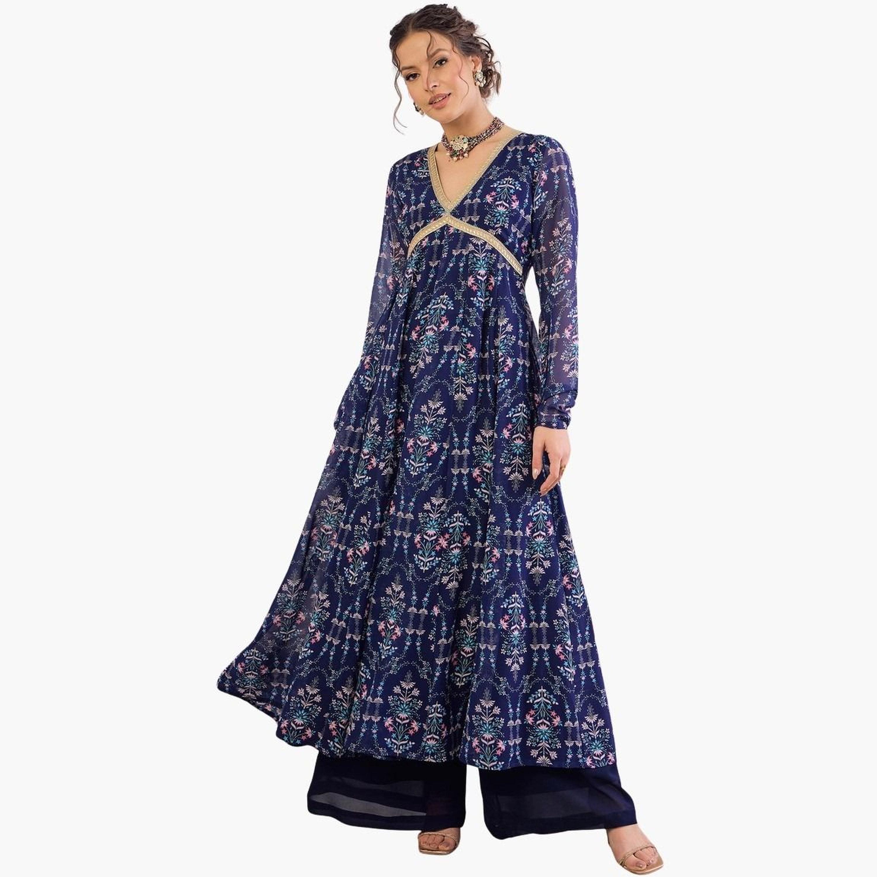 شاي باي ساسافراس - قميص أناركلي كورتا أزرق داكن مزهر برقبة على شكل حرف V للنساء-women-clothing-ethnicwear-kurtas-image-1