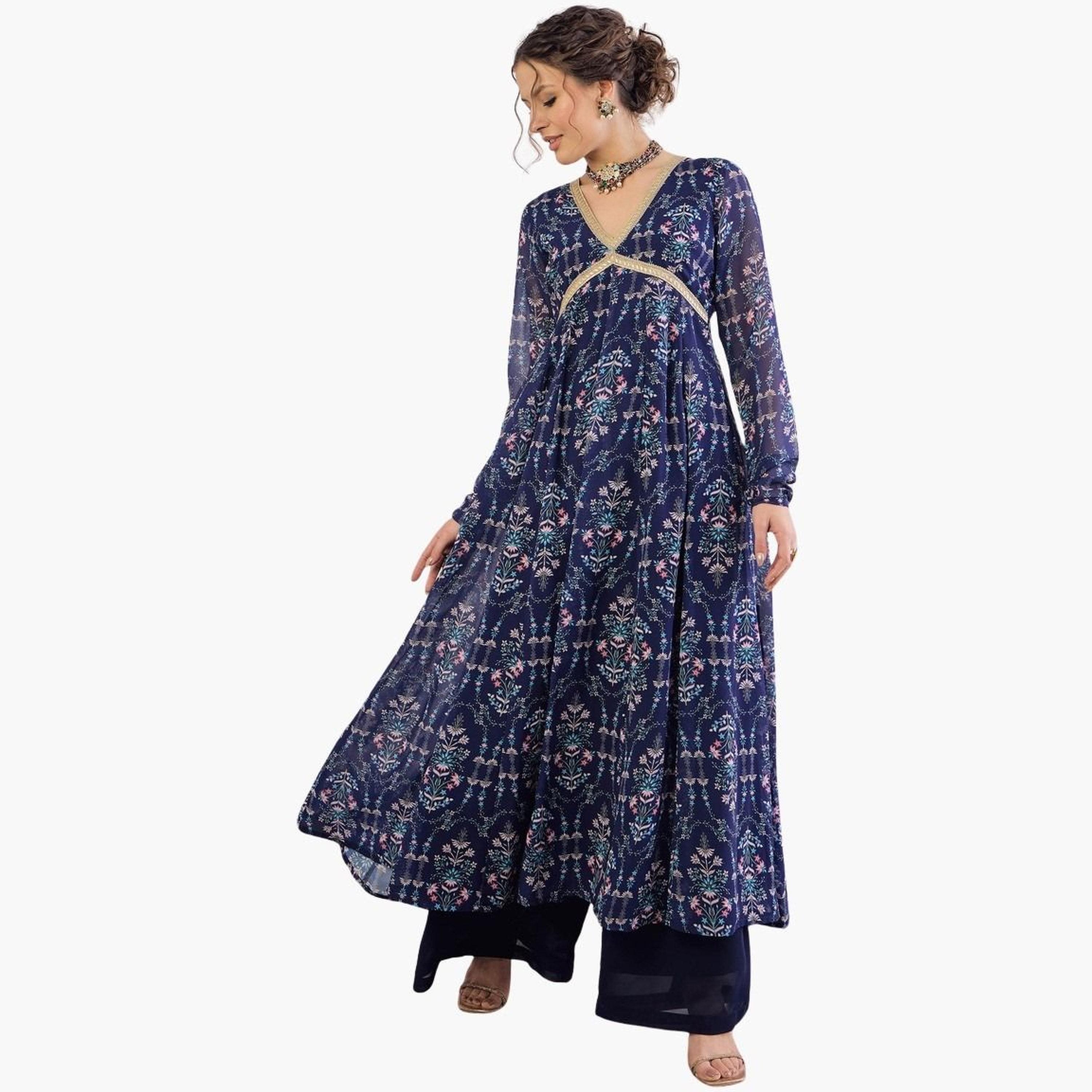 شاي باي ساسافراس - قميص أناركلي كورتا أزرق داكن مزهر برقبة على شكل حرف V للنساء-women-clothing-ethnicwear-kurtas-image-2