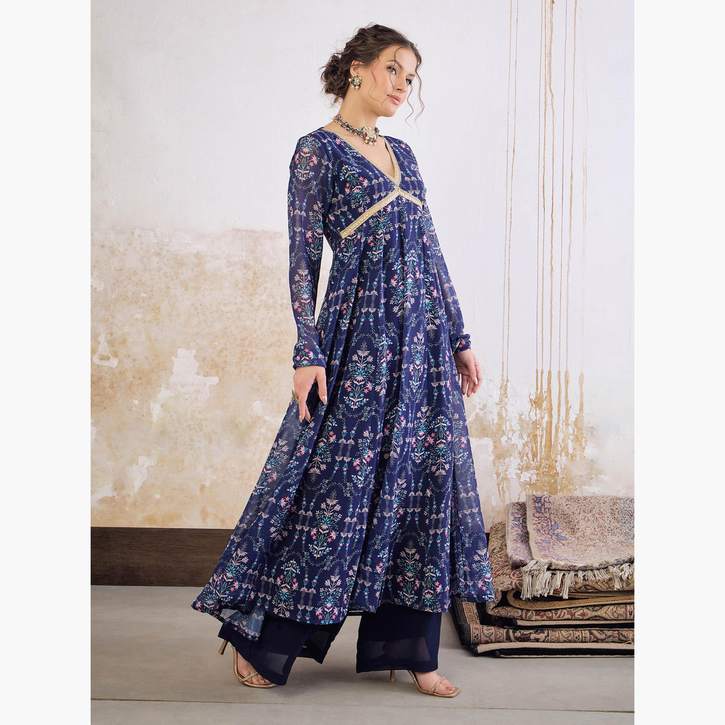 شاي باي ساسافراس - قميص أناركلي كورتا أزرق داكن مزهر برقبة على شكل حرف V للنساء-women-clothing-ethnicwear-kurtas-image-3