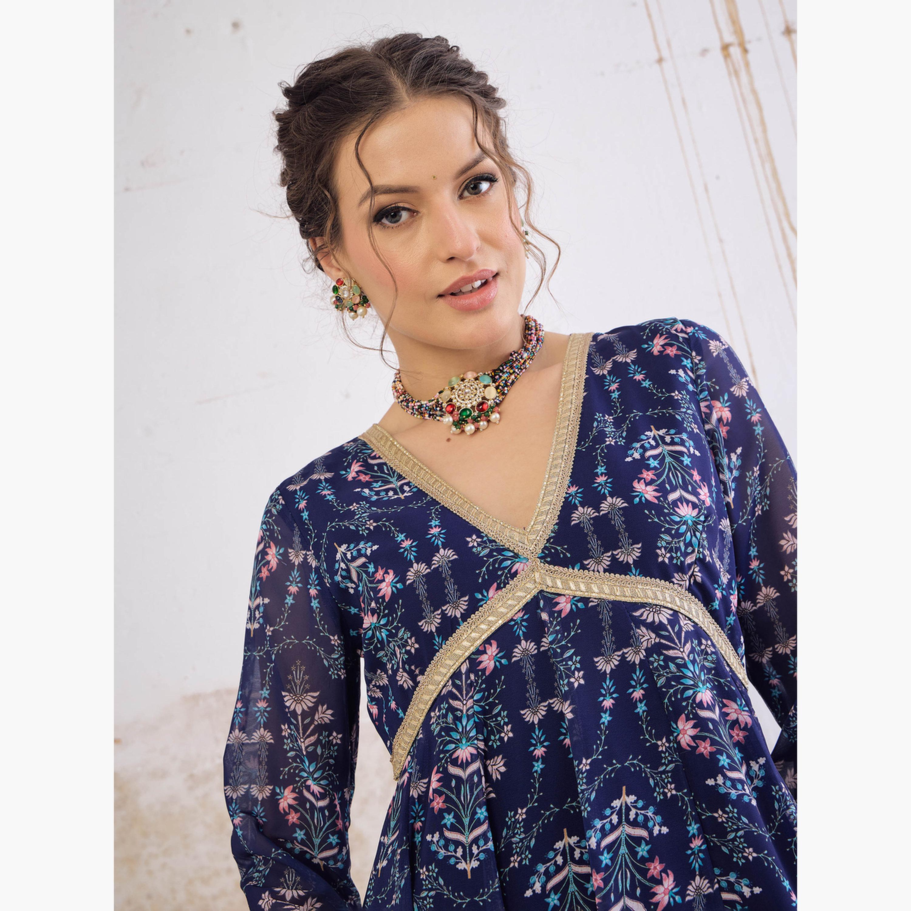 شاي باي ساسافراس - قميص أناركلي كورتا أزرق داكن مزهر برقبة على شكل حرف V للنساء-women-clothing-ethnicwear-kurtas-image-4