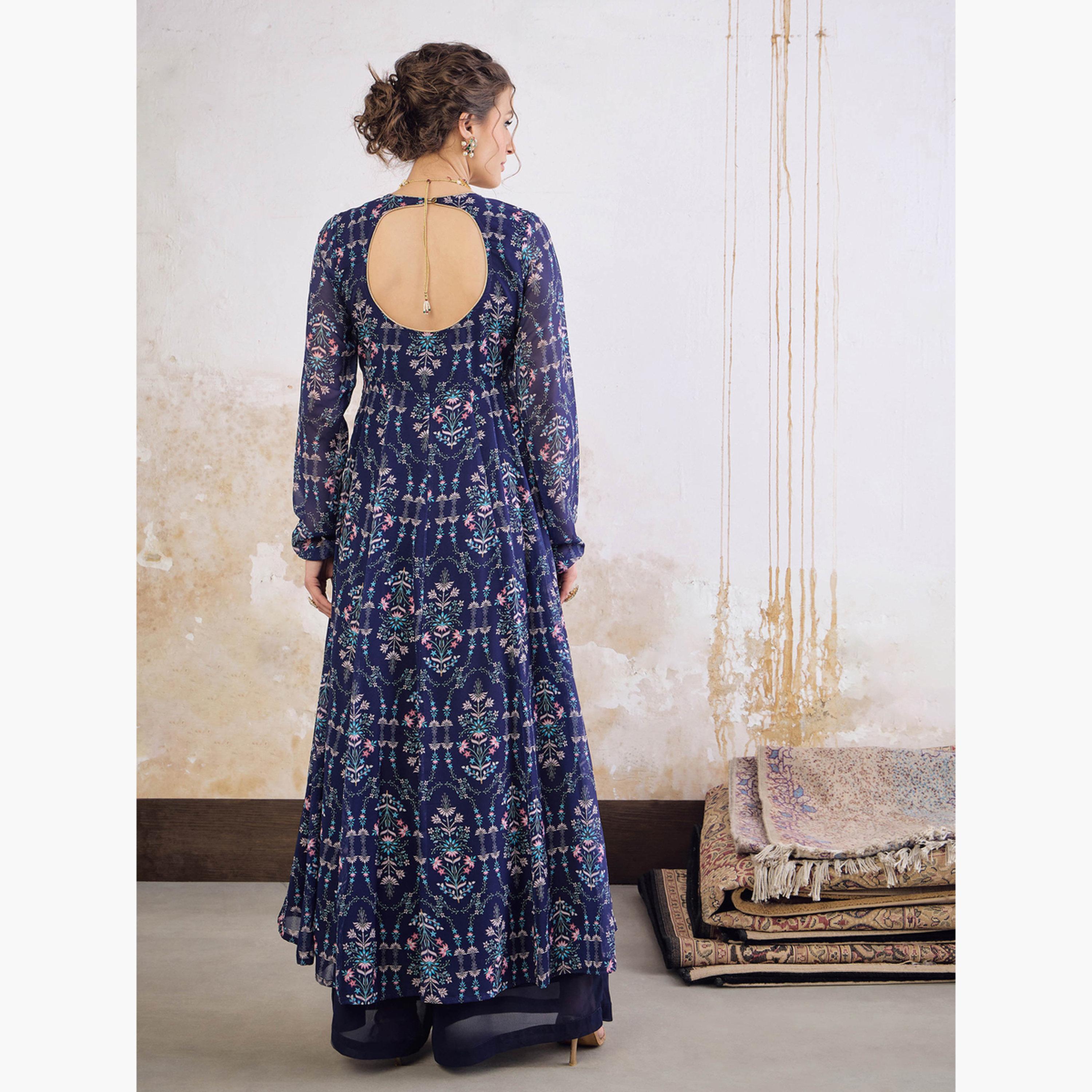 شاي باي ساسافراس - قميص أناركلي كورتا أزرق داكن مزهر برقبة على شكل حرف V للنساء-women-clothing-ethnicwear-kurtas-image-5