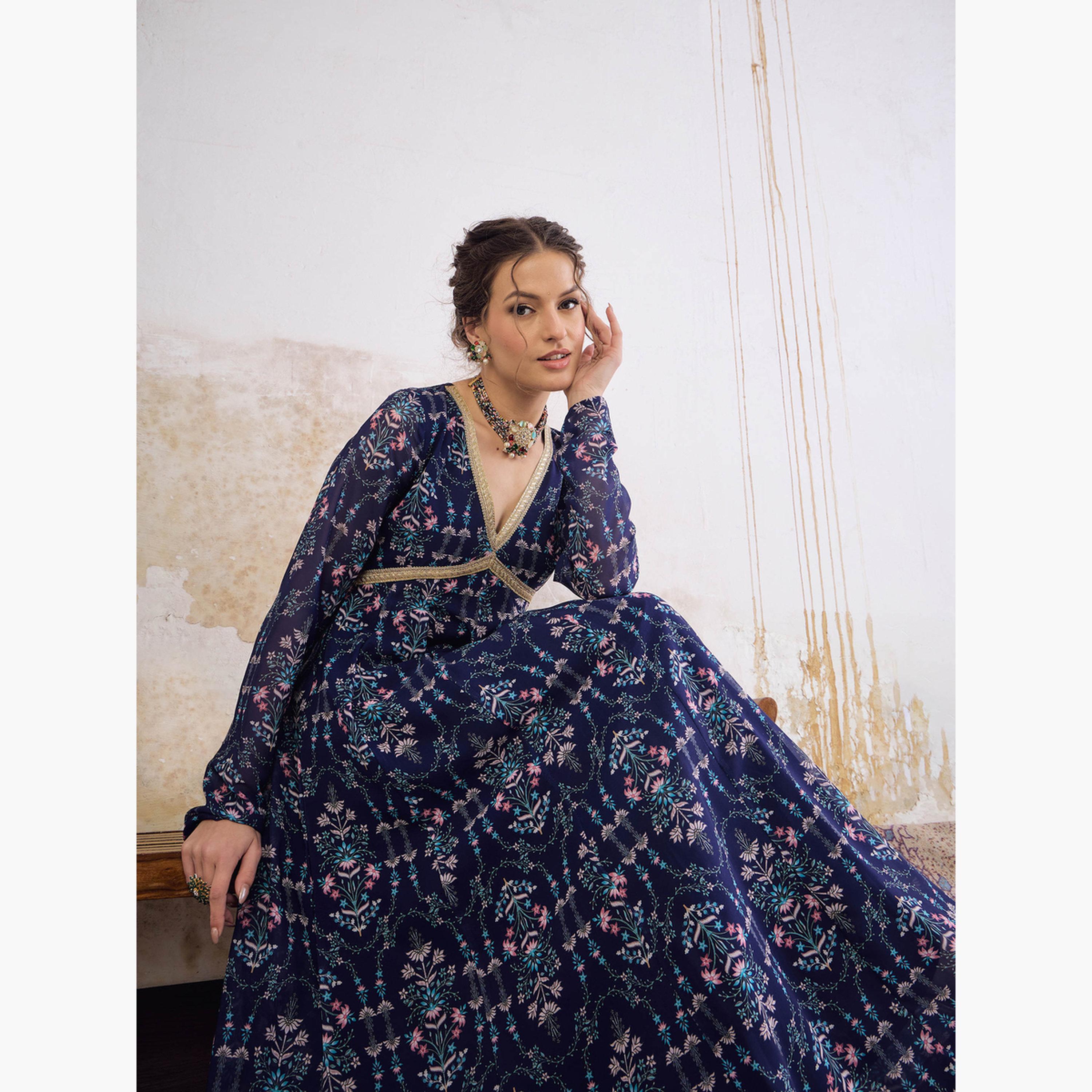 شاي باي ساسافراس - قميص أناركلي كورتا أزرق داكن مزهر برقبة على شكل حرف V للنساء-women-clothing-ethnicwear-kurtas-image-6