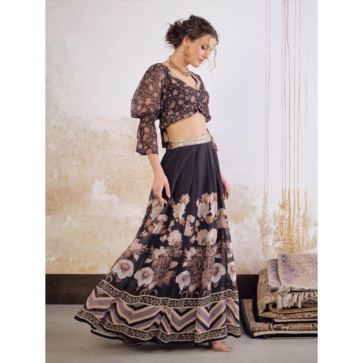Shae by SASSAFRAS Black Floral Hem Frill Crop Top with Anarkali Skirt-women-clothing-ethnicwear-salwarsuits-image-3