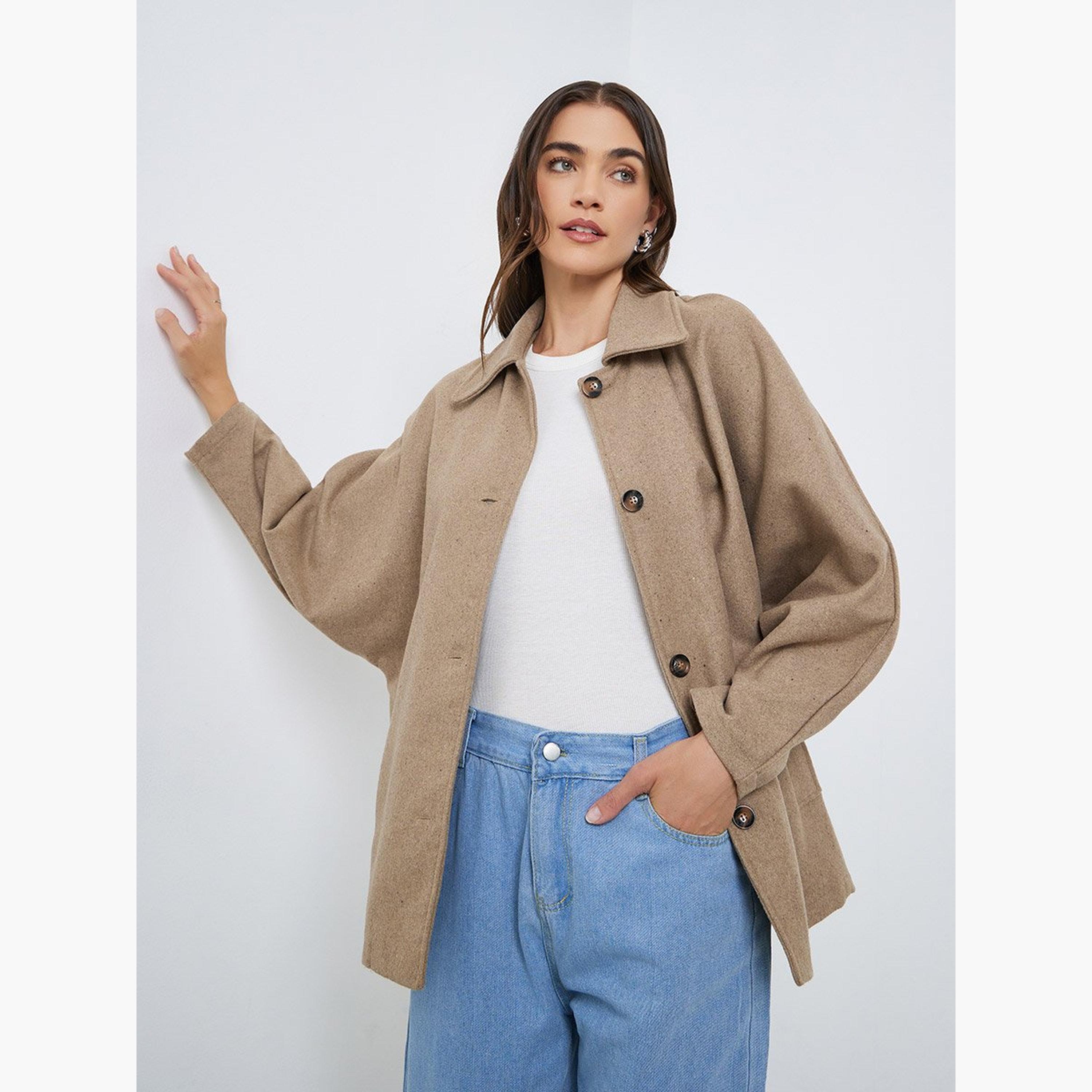 Styli Brown Longline Oversized Button Coat-women-winterwear-coatsandjackets-jackets-image-1