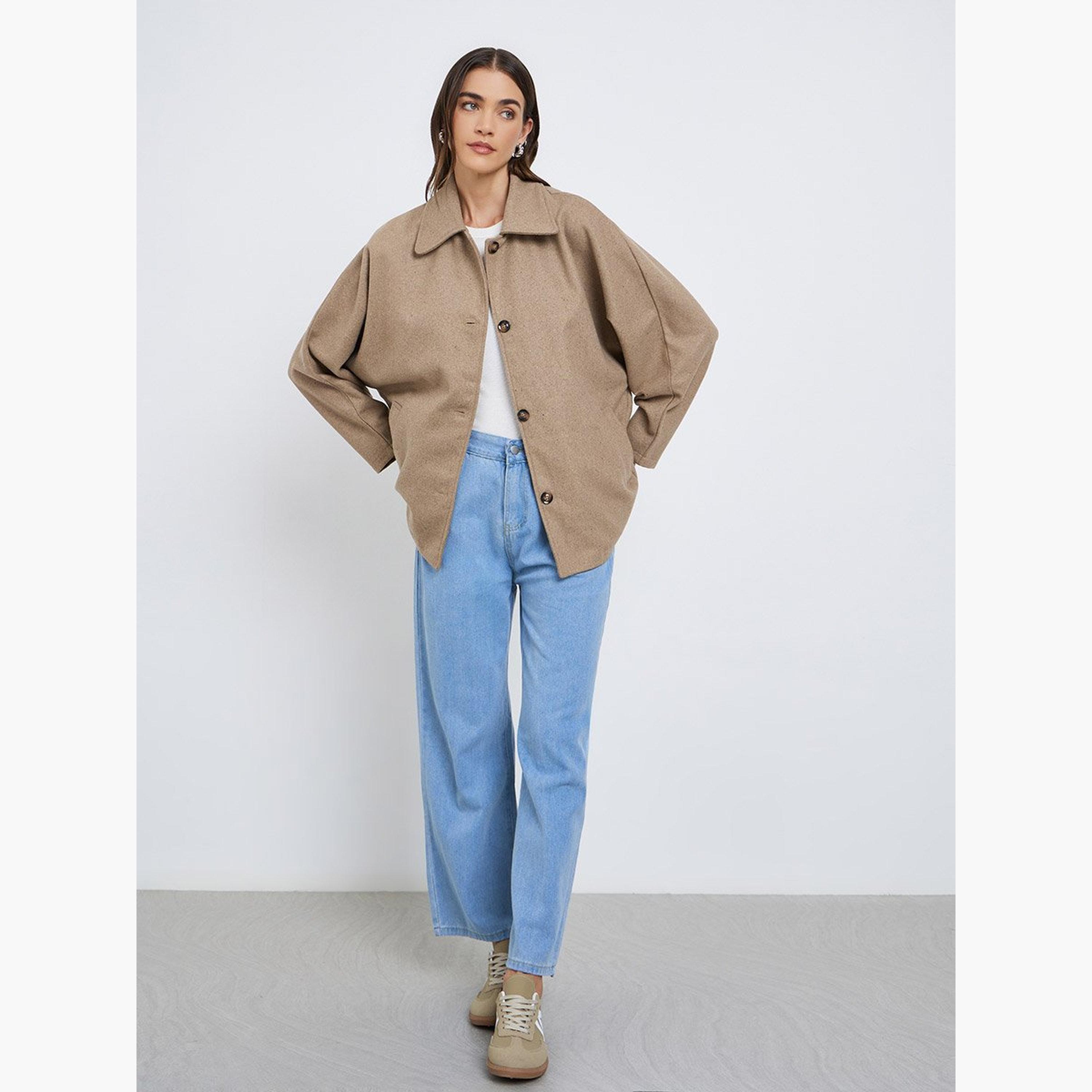 Styli Brown Longline Oversized Button Coat-women-winterwear-coatsandjackets-jackets-image-2
