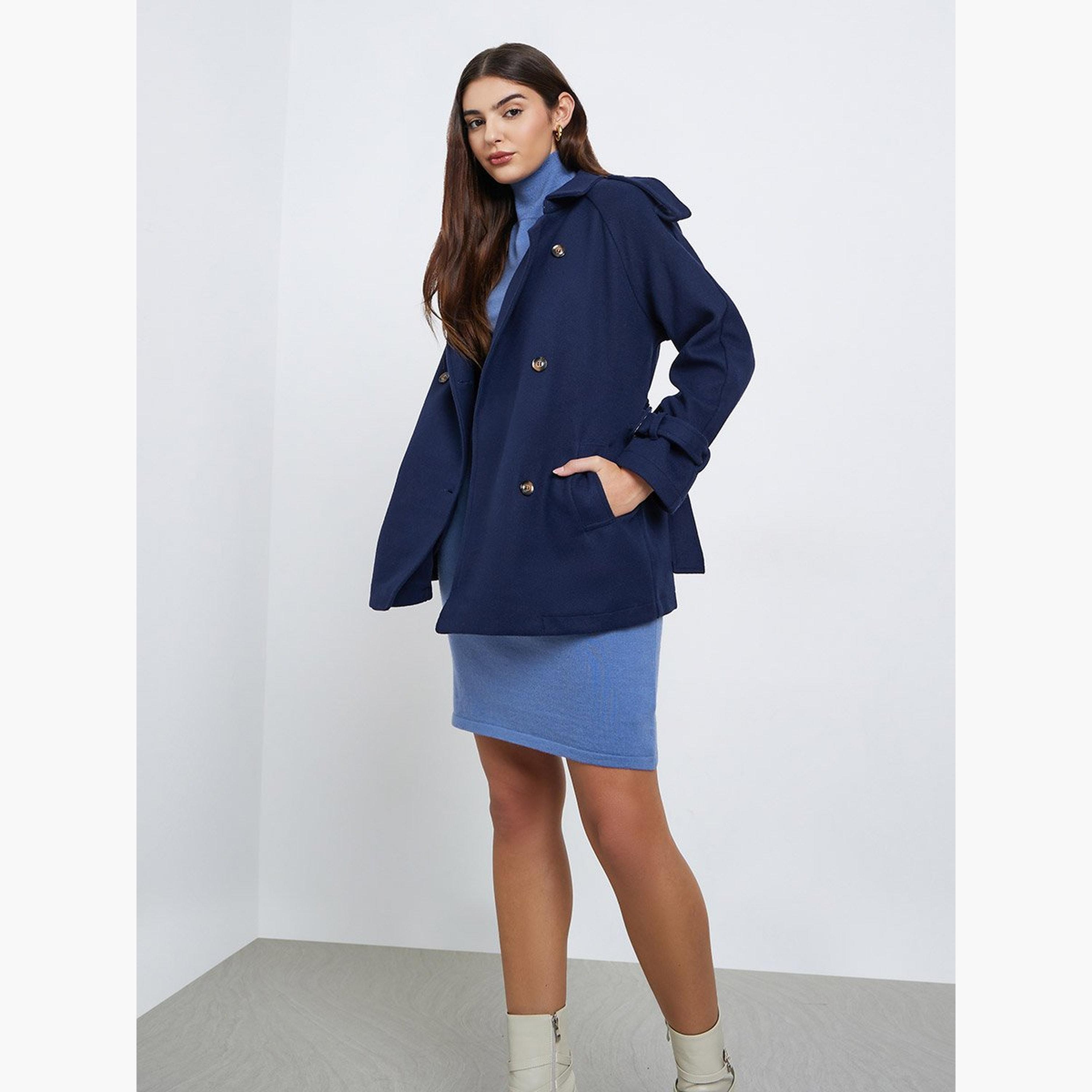 Styli Navy Oversized Wool Like Belted Jacket-women-winterwear-coatsandjackets-jackets-image-2
