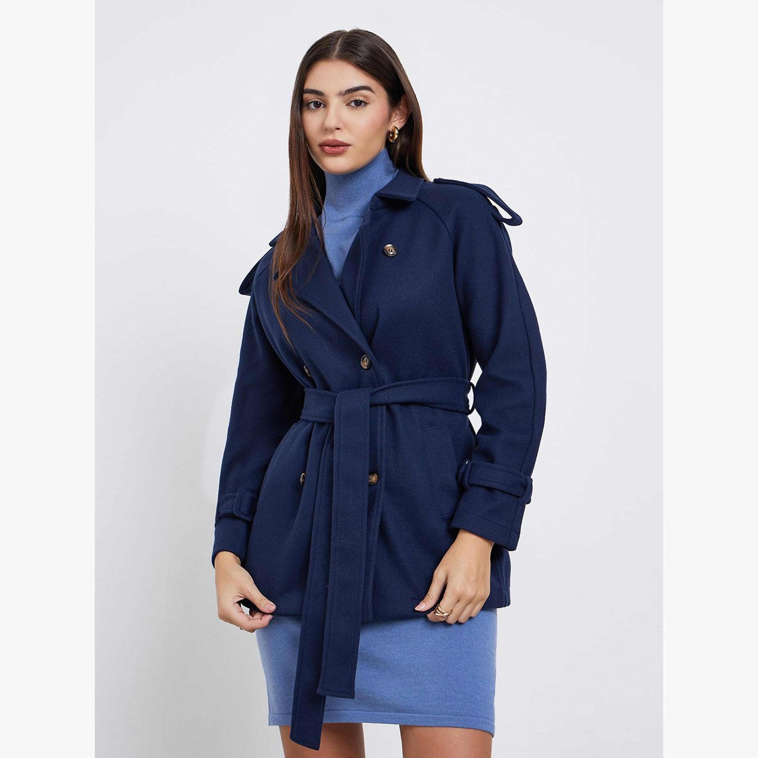 ستايلي - سترة مقاس كبير من الصوف لون أزرق البحري مع حزام-women-winterwear-coatsandjackets-jackets-image-3