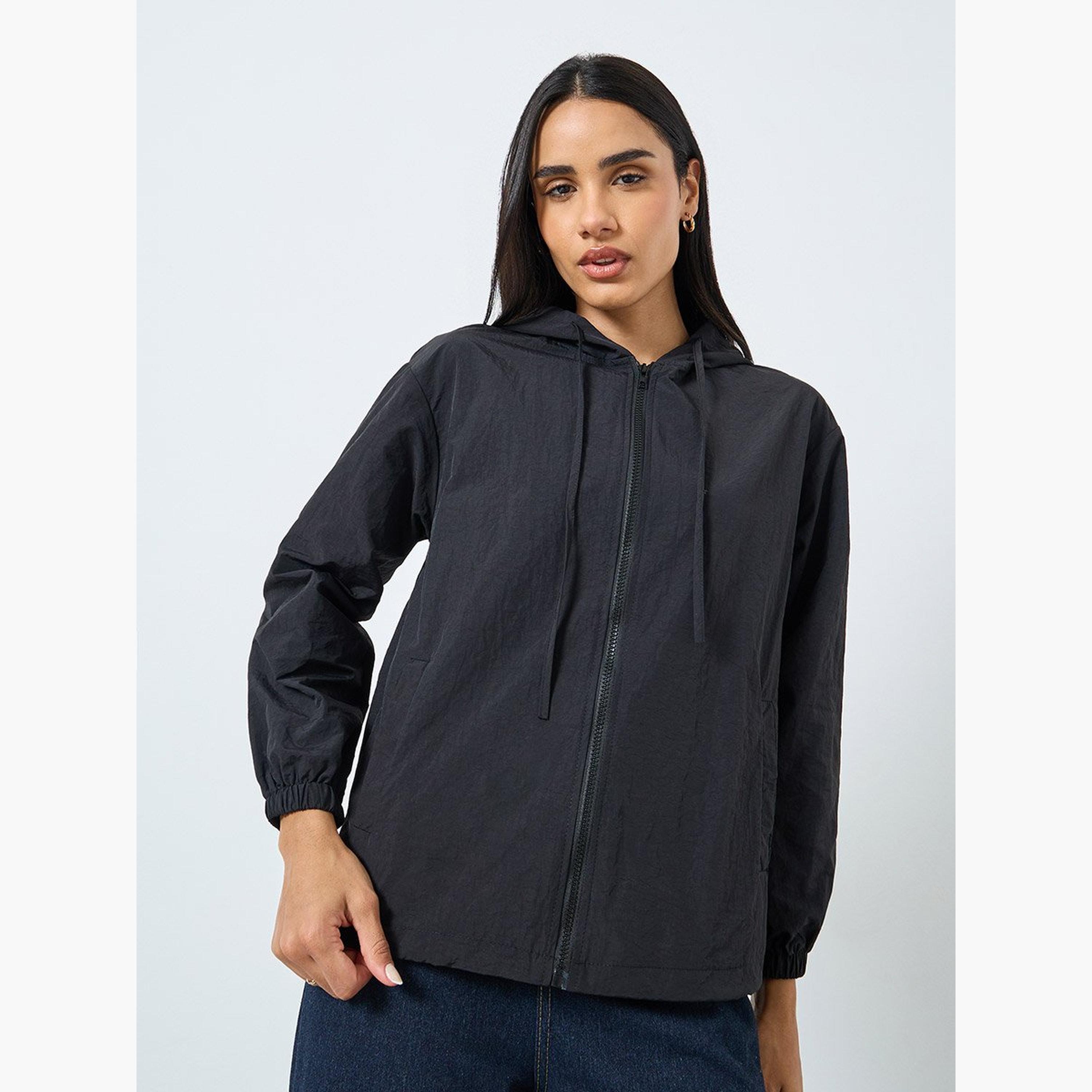 Styli Women Black Zipped Windbreaker Jacket-women-winterwear-coatsandjackets-jackets-image-1