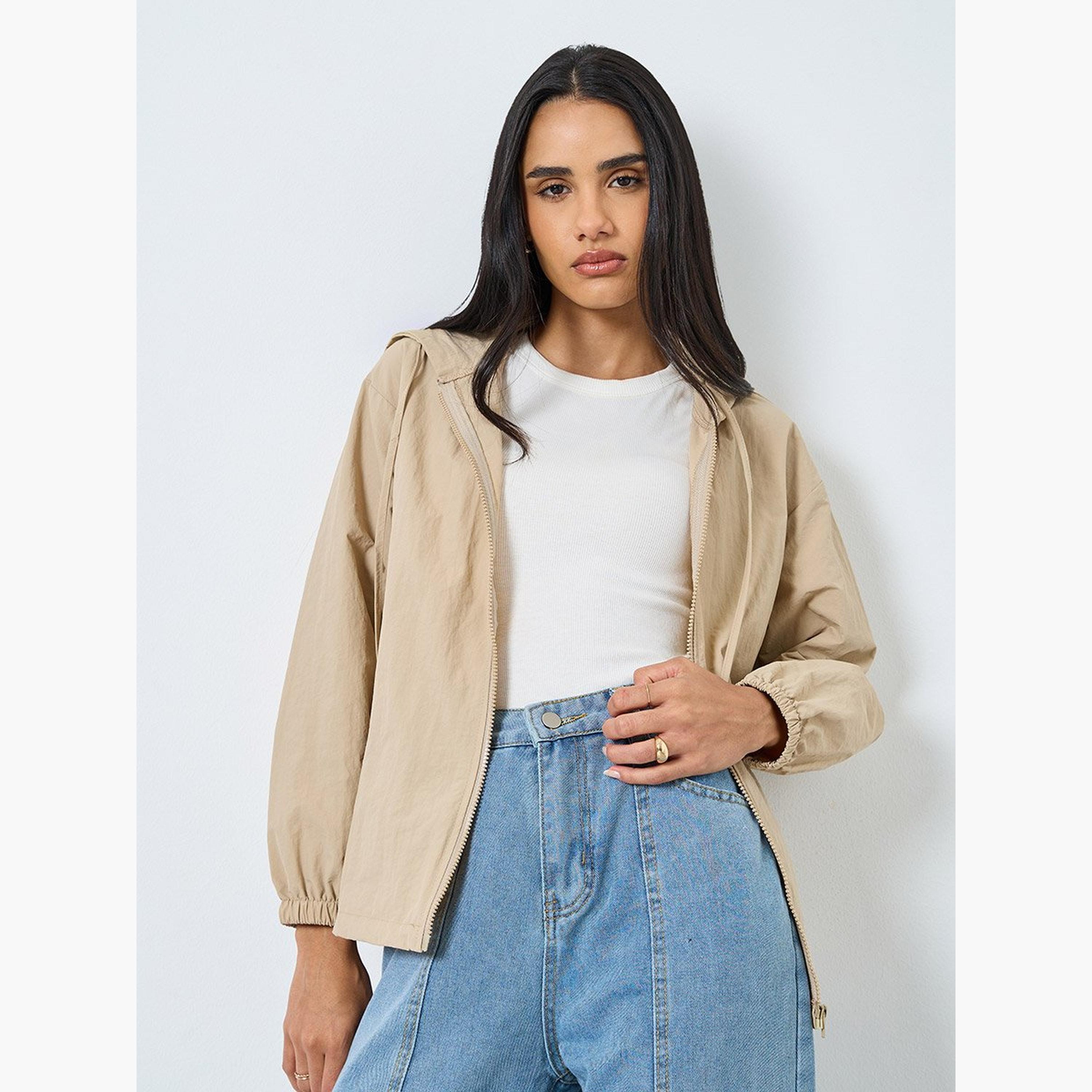 Styli Women Beige Zipped Windbreaker Jacket-women-winterwear-coatsandjackets-jackets-image-1