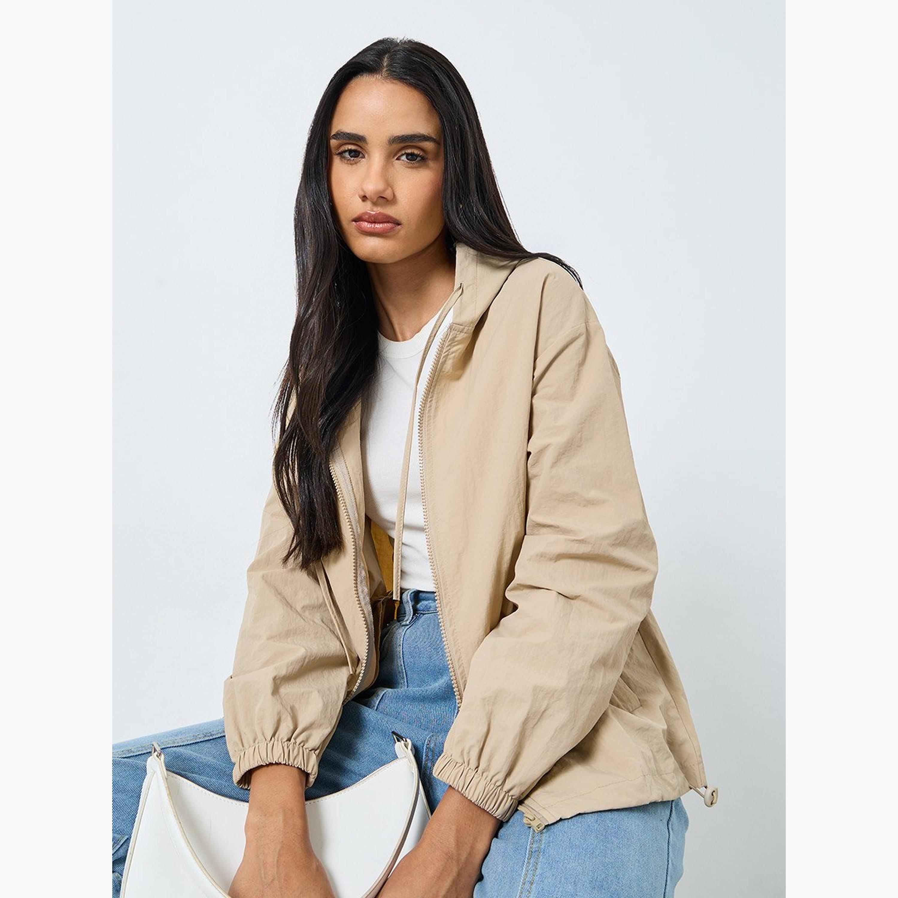 Styli Women Beige Zipped Windbreaker Jacket-women-winterwear-coatsandjackets-jackets-image-2