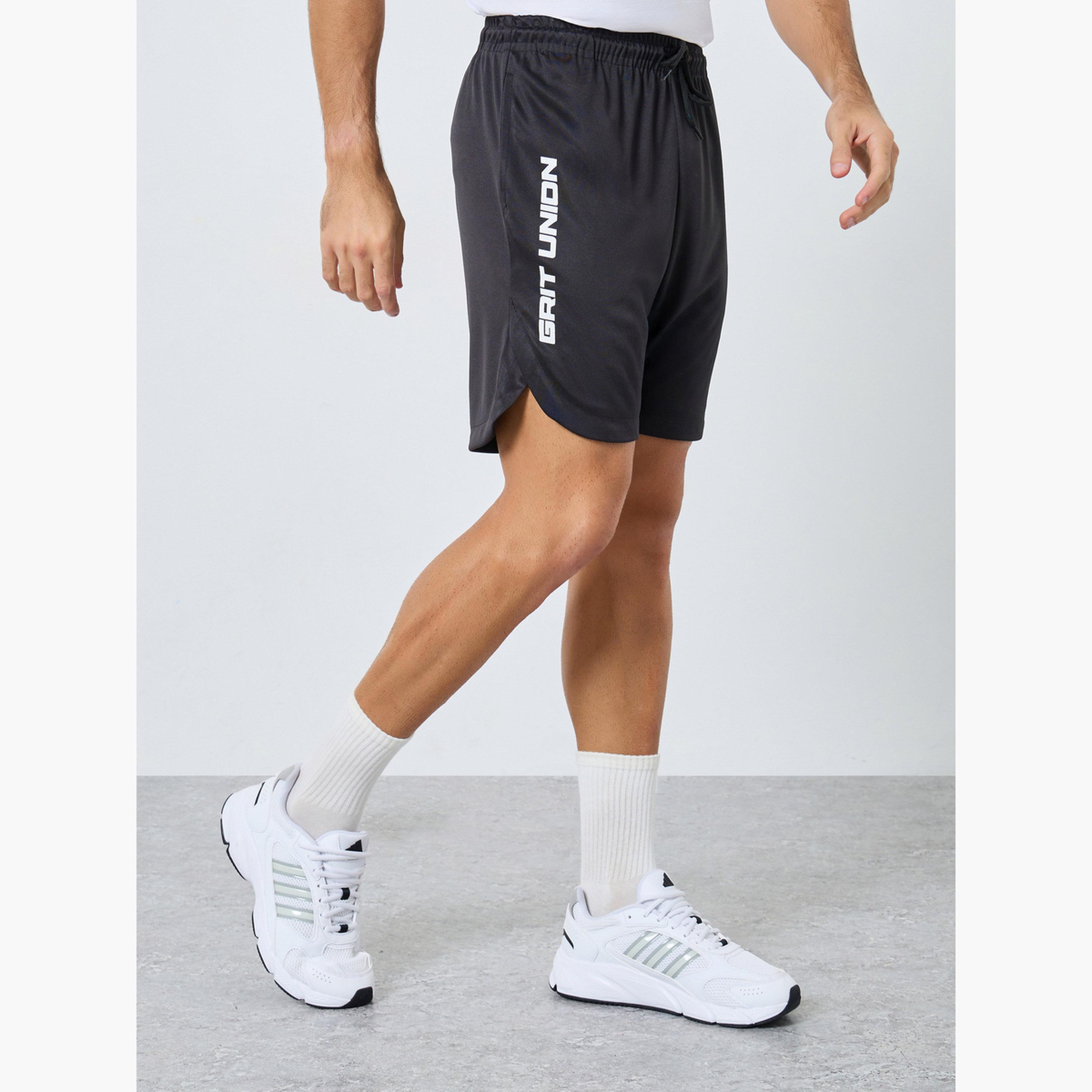 Styli Text Print Workout Shorts with Pocket-men-clothing-sportswearandactivewear-bottoms-shorts-image-1