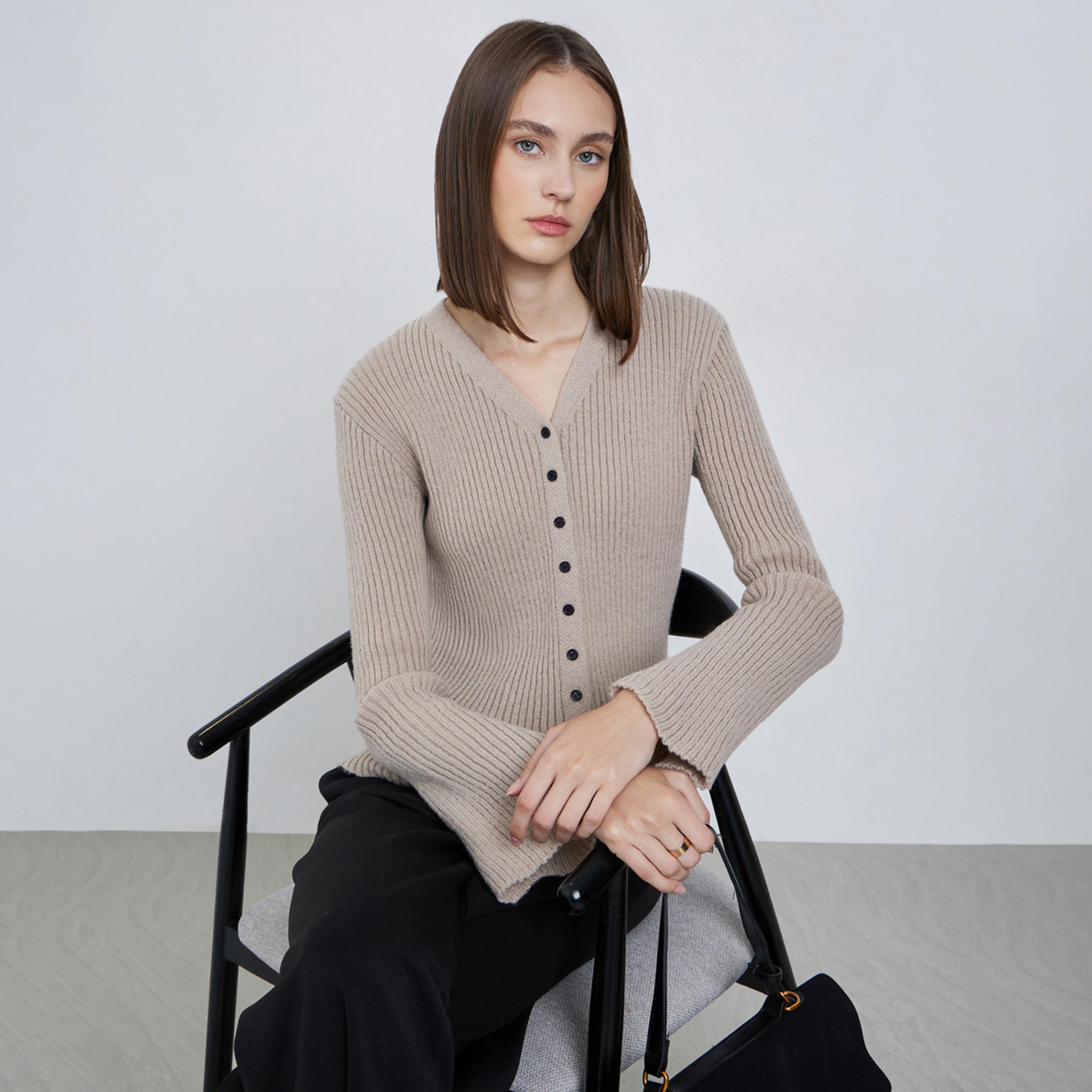 Styli Beige Ribbed Button-Down Knit Top with Bell Sleeves-women-clothing-tshirts-image-1