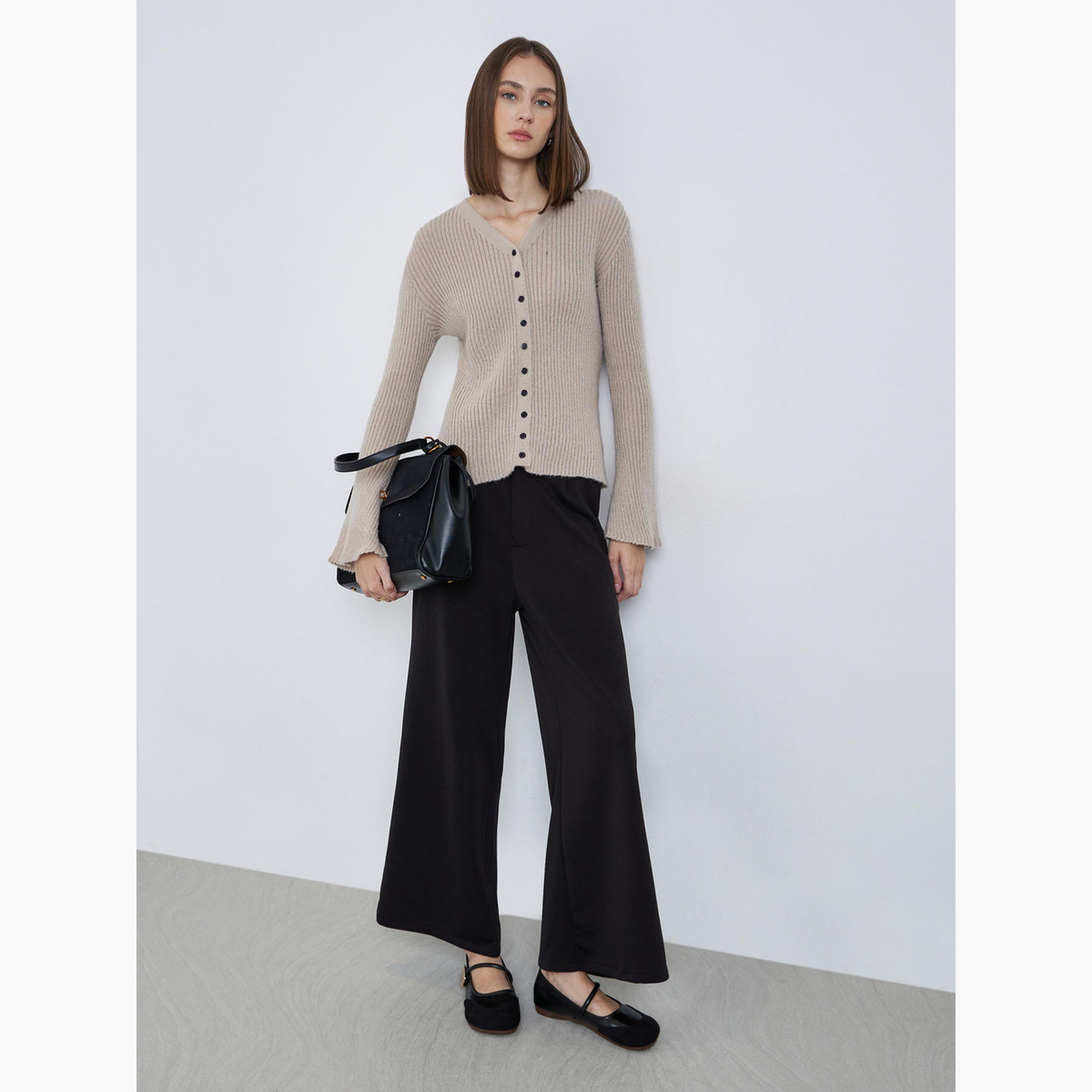 Styli Beige Ribbed Button-Down Knit Top with Bell Sleeves-women-clothing-tshirts-image-2