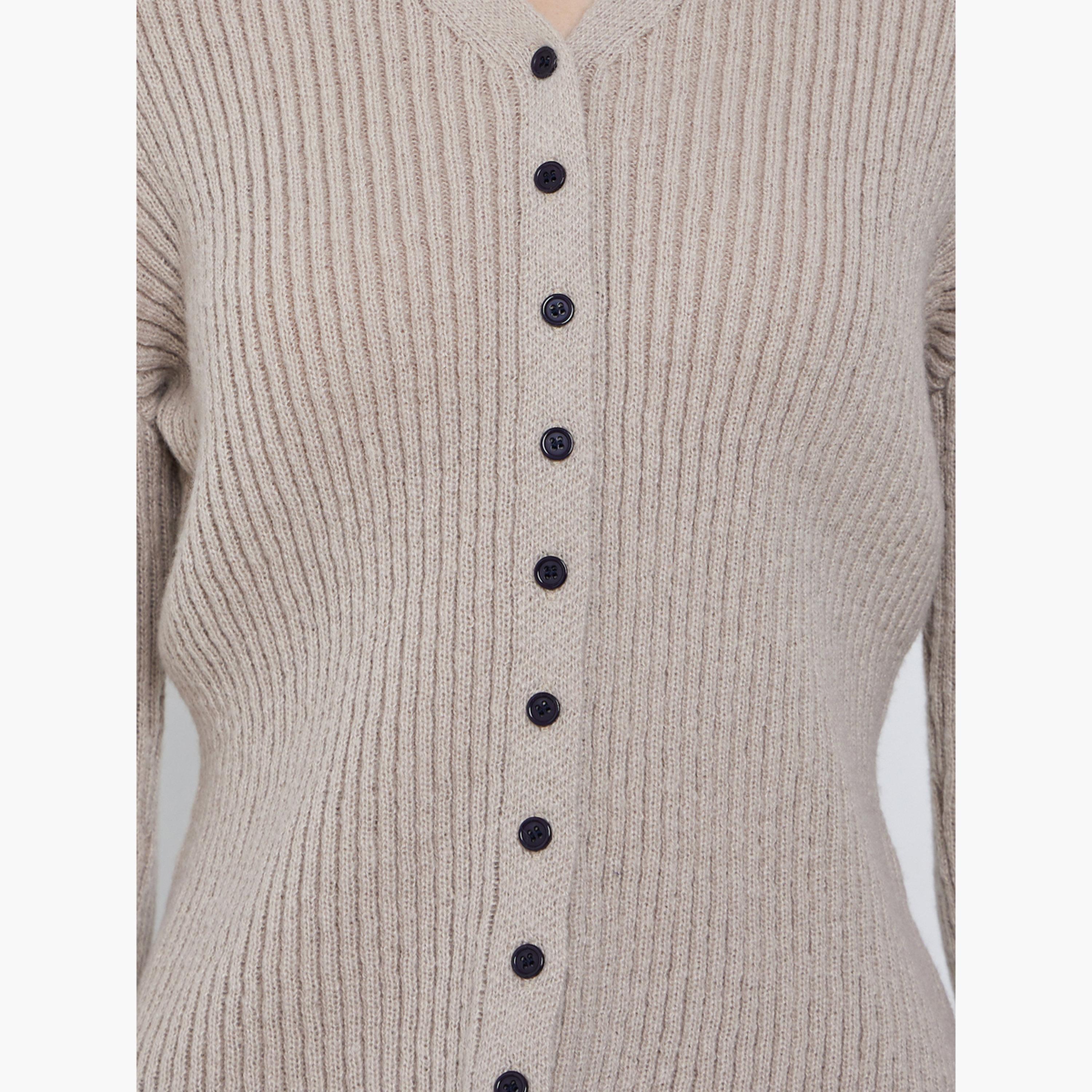 Styli Beige Ribbed Button-Down Knit Top with Bell Sleeves-women-clothing-tshirts-image-3
