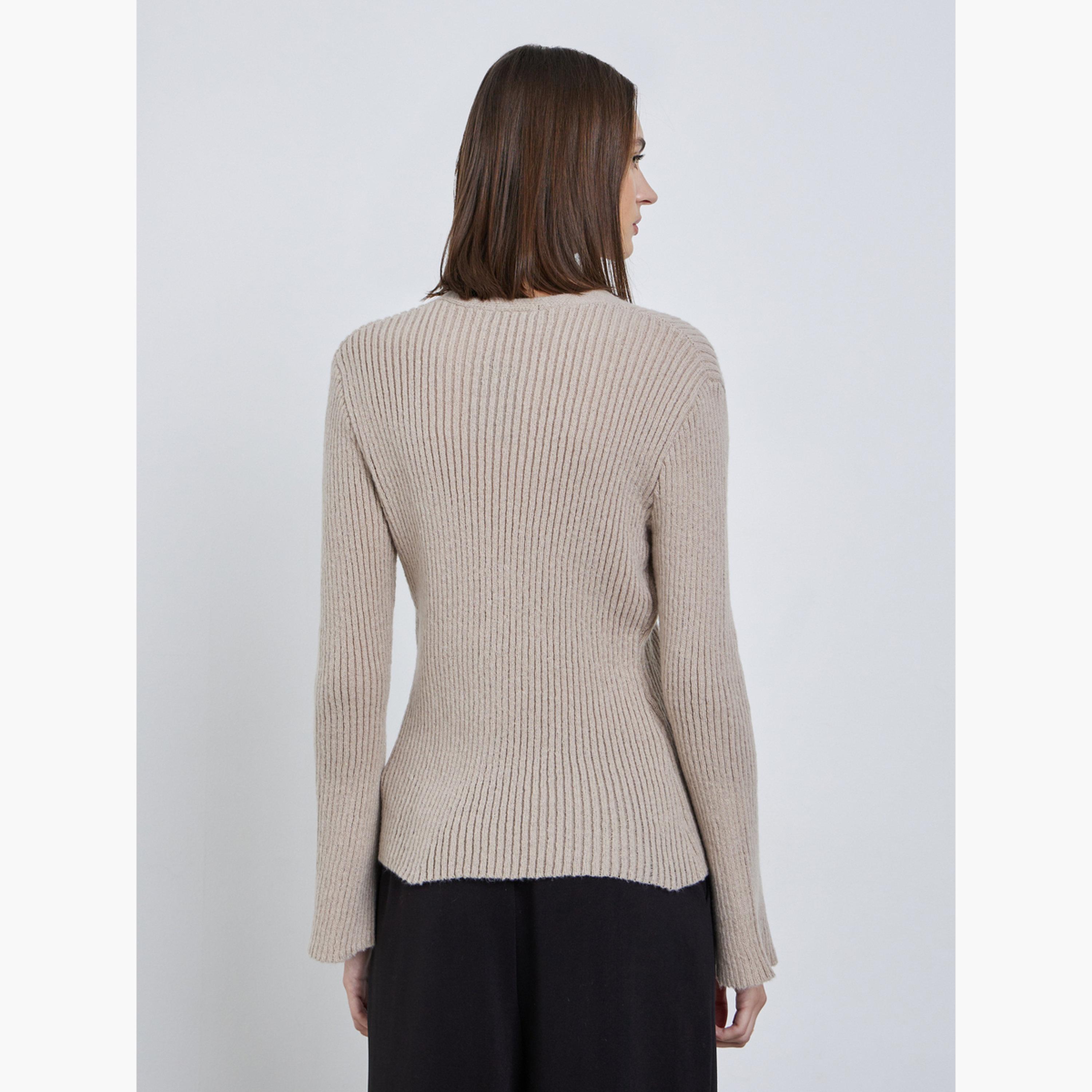 Styli Beige Ribbed Button-Down Knit Top with Bell Sleeves-women-clothing-tshirts-image-4