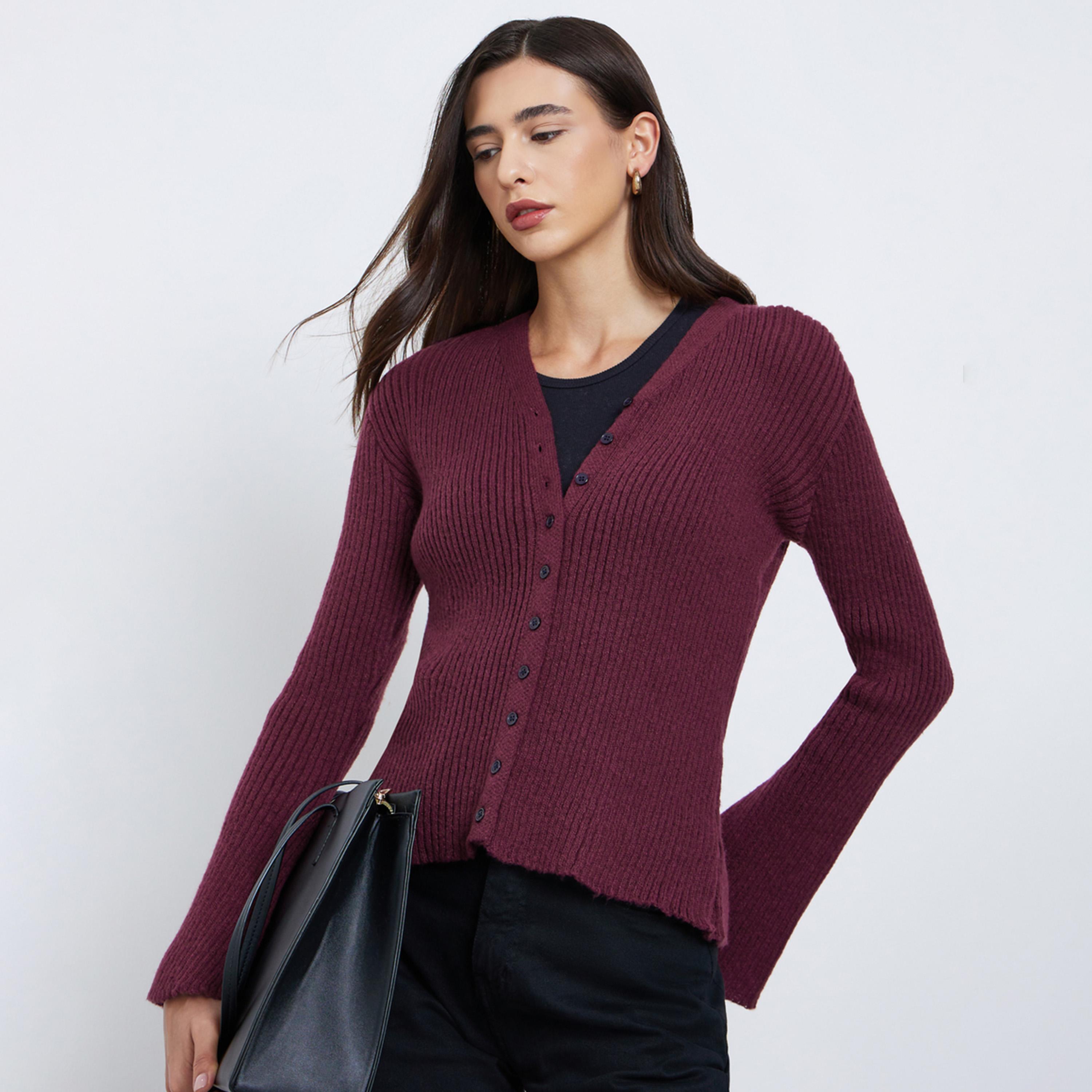 Styli Burgundy Ribbed Button-Down Knit Top with Bell Sleeves-women-clothing-tshirts-image-1