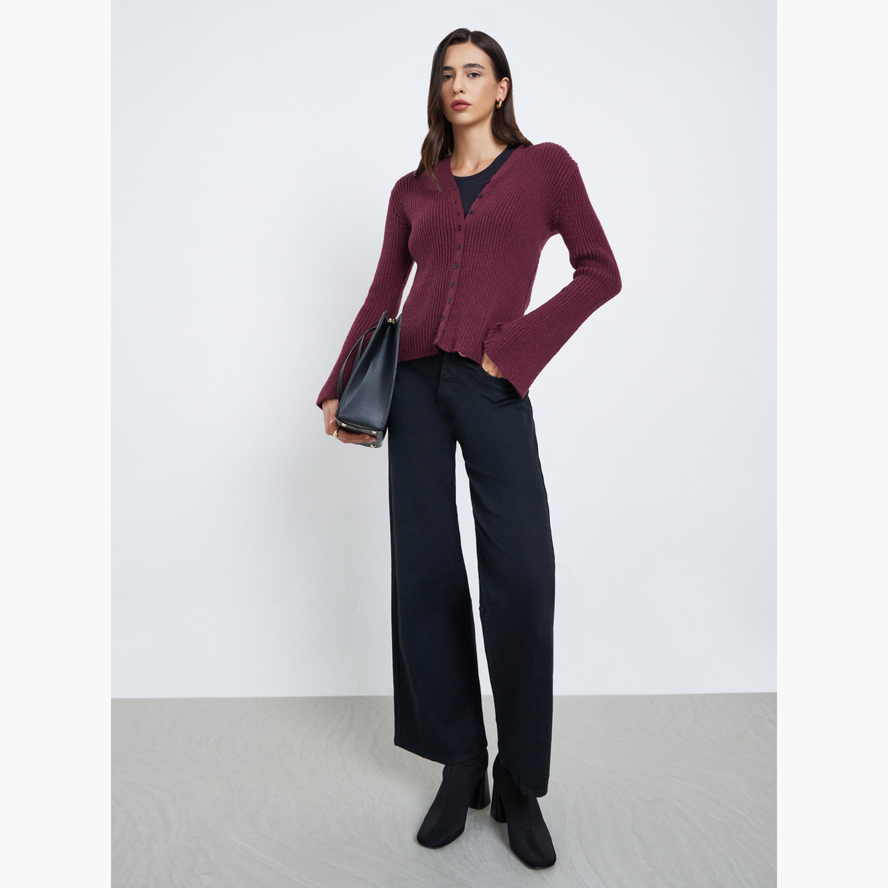 Styli Burgundy Ribbed Button-Down Knit Top with Bell Sleeves-women-clothing-tshirts-image-2