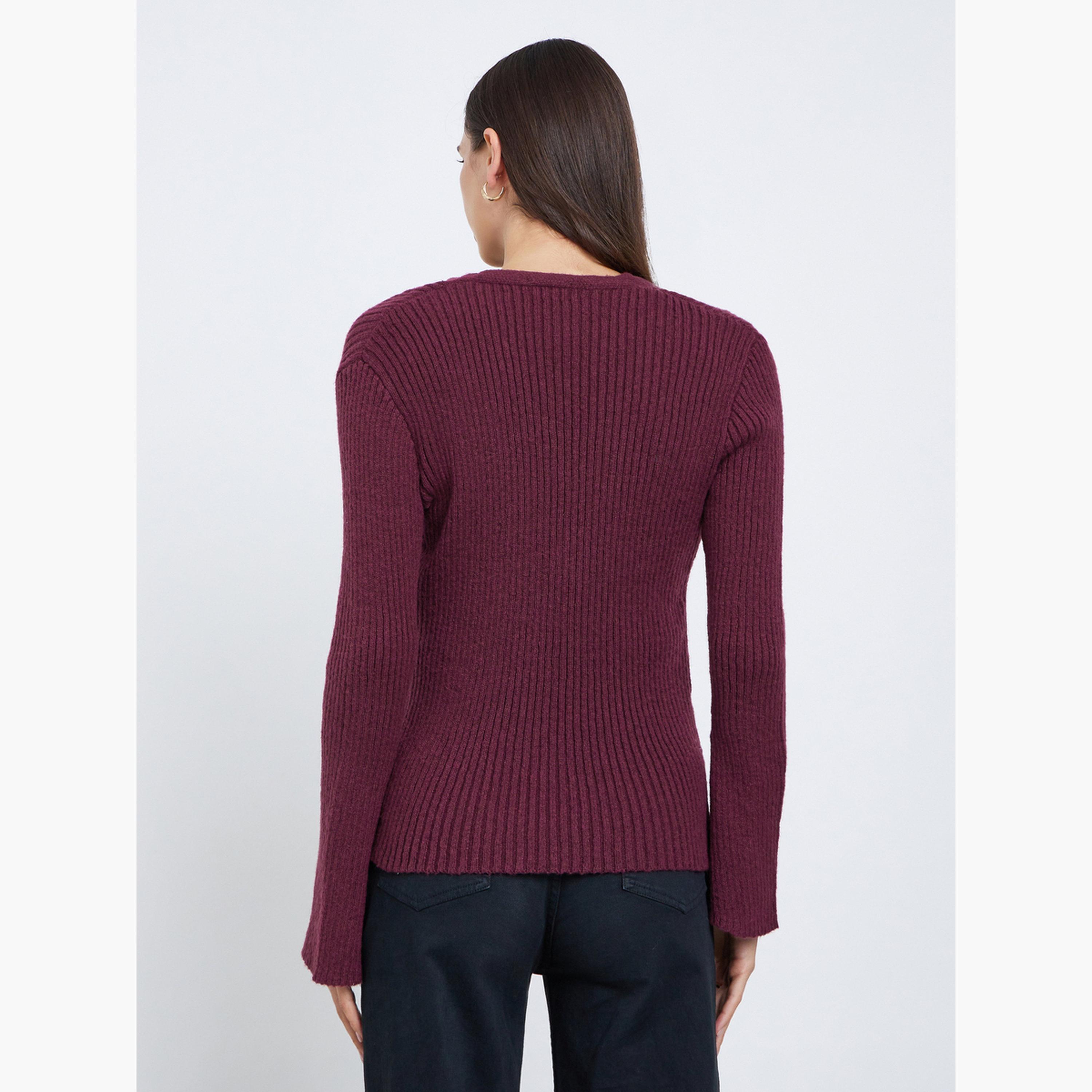 Styli Burgundy Ribbed Button-Down Knit Top with Bell Sleeves-women-clothing-tshirts-image-4