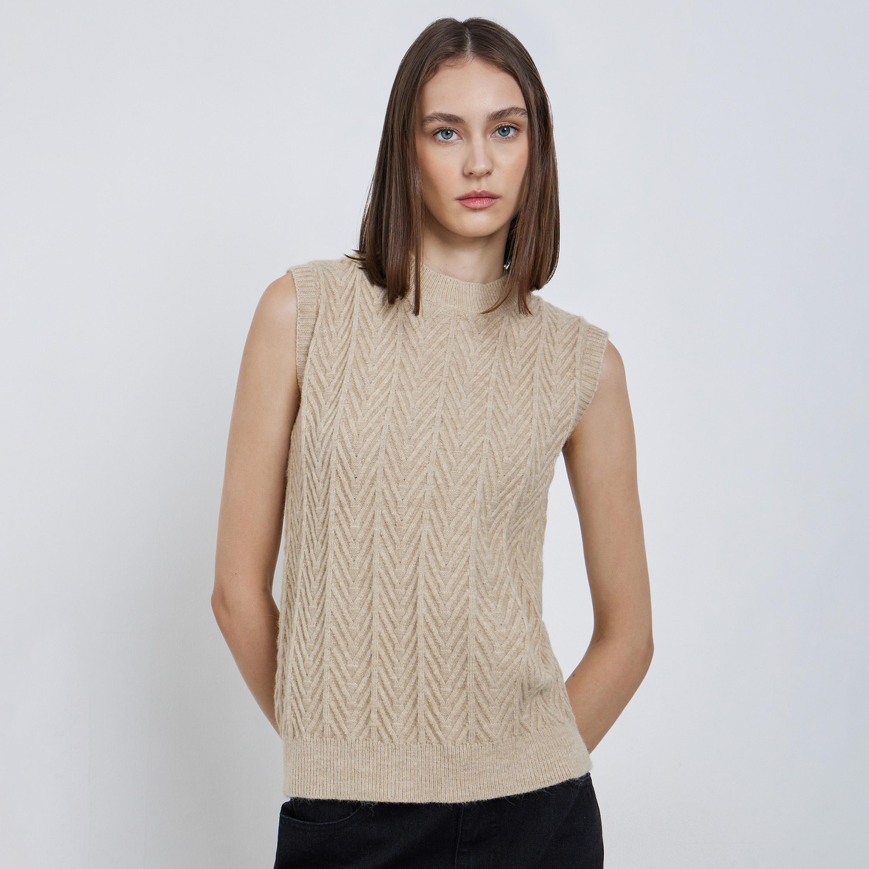 Styli Beige Textured Knit Sleeveless Vest-women-clothing-tshirts-image-1