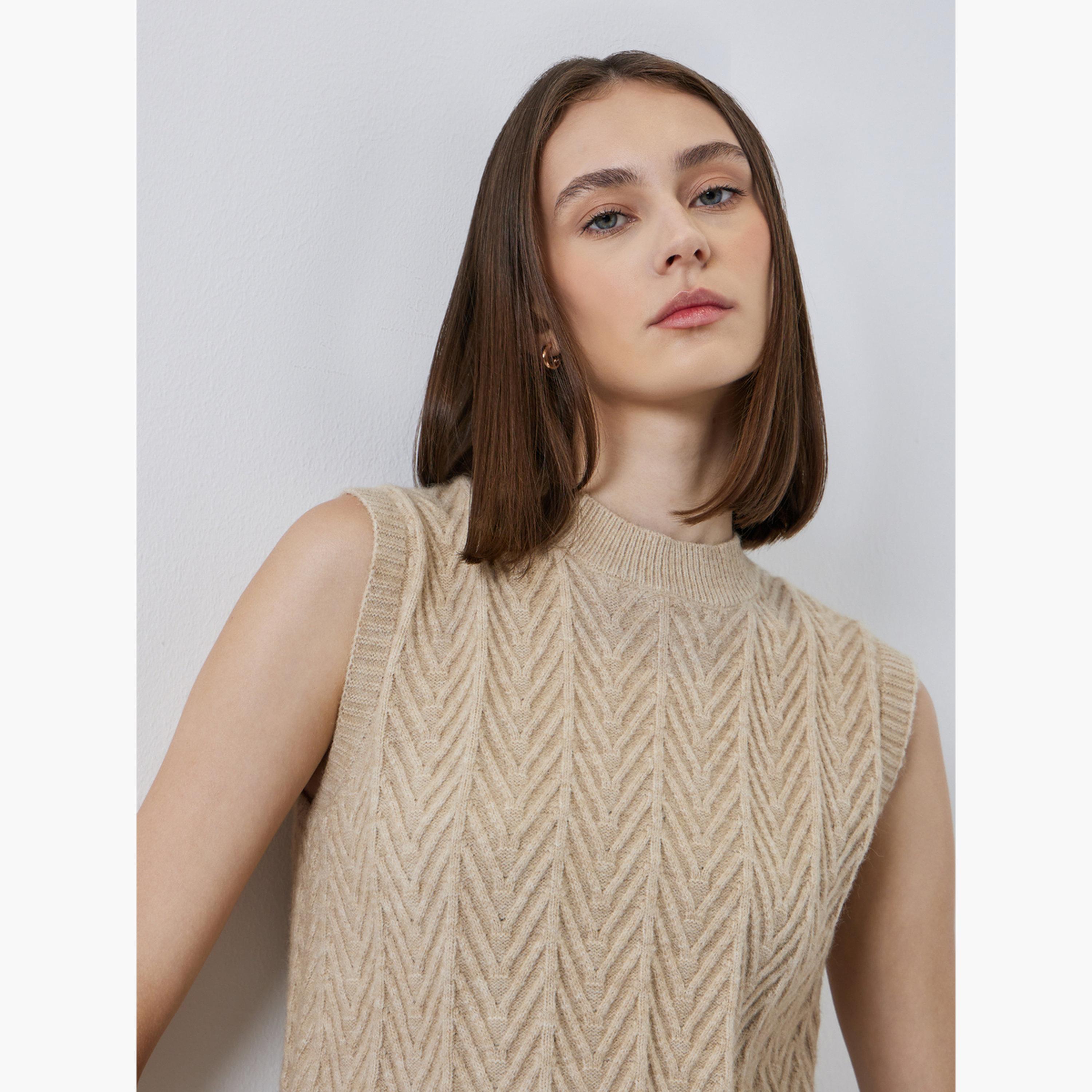 Styli Beige Textured Knit Sleeveless Vest-women-clothing-tshirts-image-3