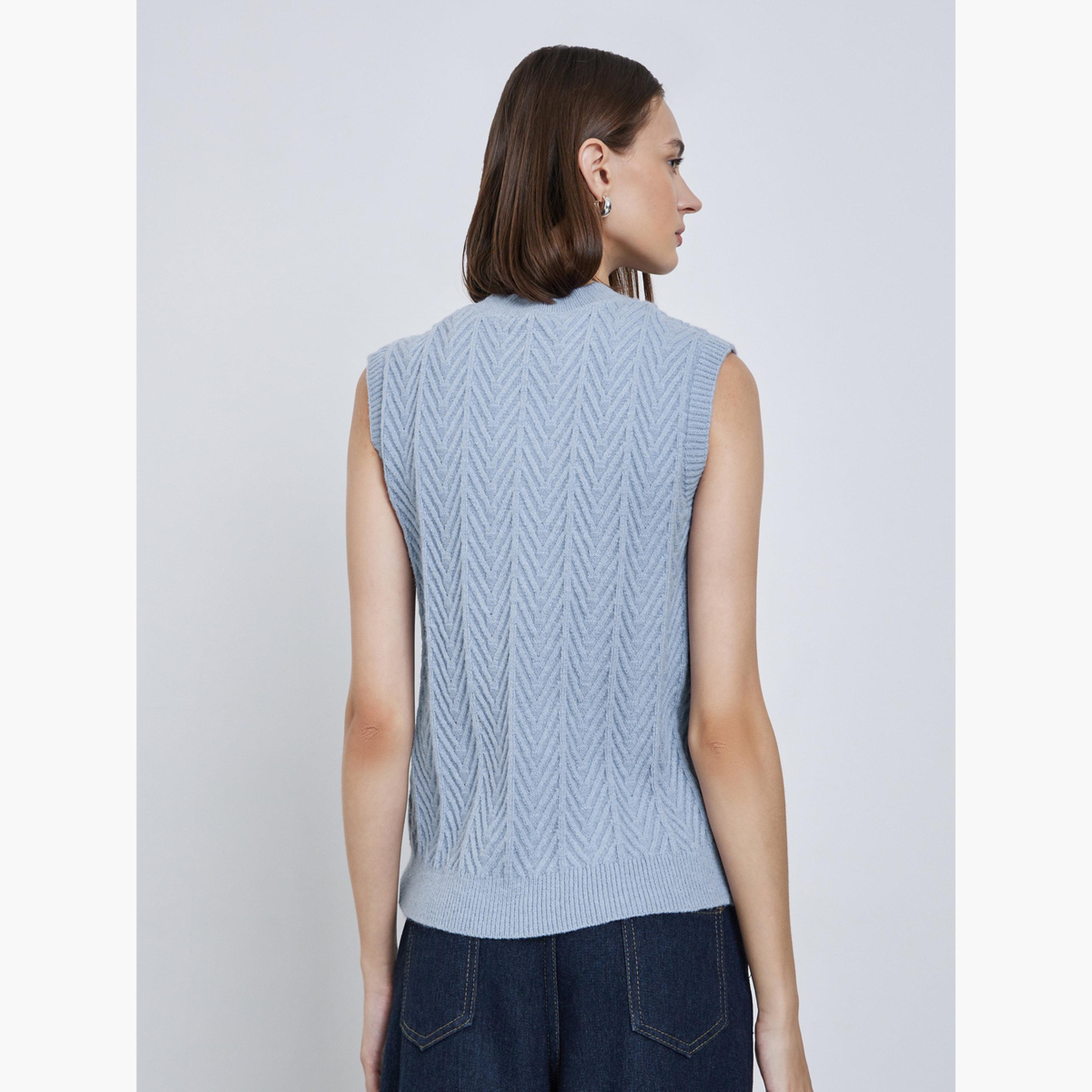Styli Light Blue Textured Knit Sleeveless Vest-women-clothing-tshirts-image-4