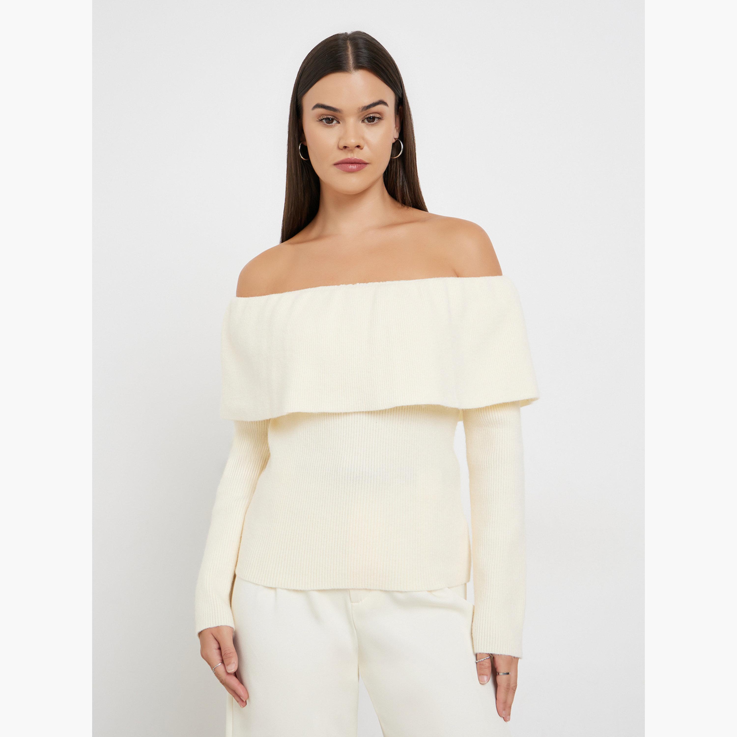 Styli Women Off White Ribbed Off Shoulder Neck Top-women-clothing-shirtsandblouses-blouses-image-1