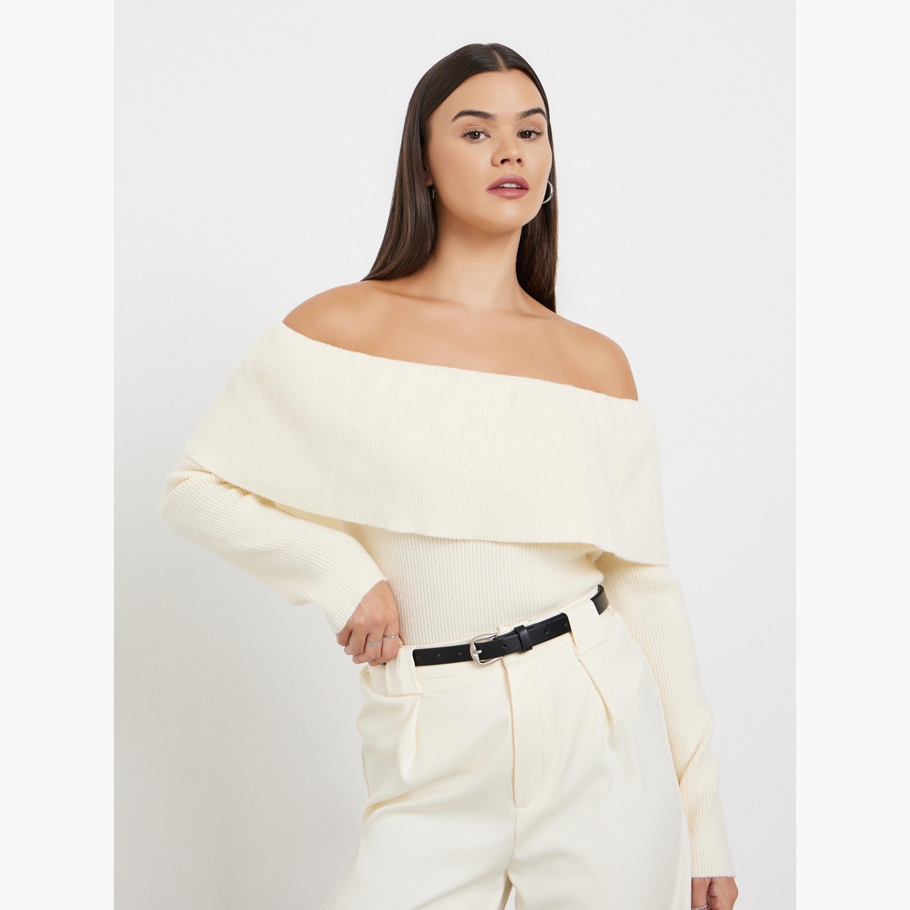 Styli Women Off White Ribbed Off Shoulder Neck Top-women-clothing-shirtsandblouses-blouses-image-3