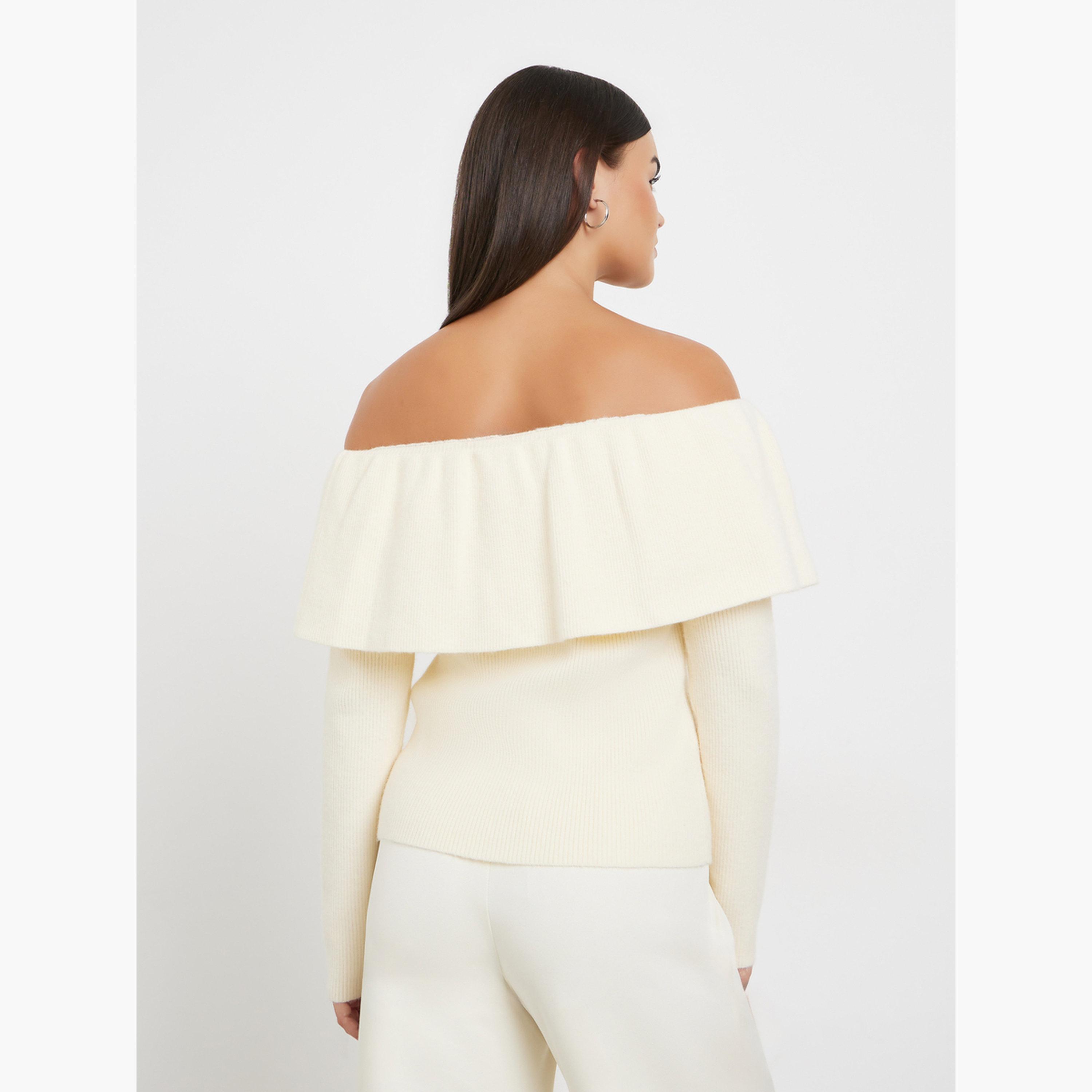 ستايلي - بلوزة نسائية بيضاء مكشوفة الكتفين مضلعة-women-clothing-shirtsandblouses-blouses-image-5