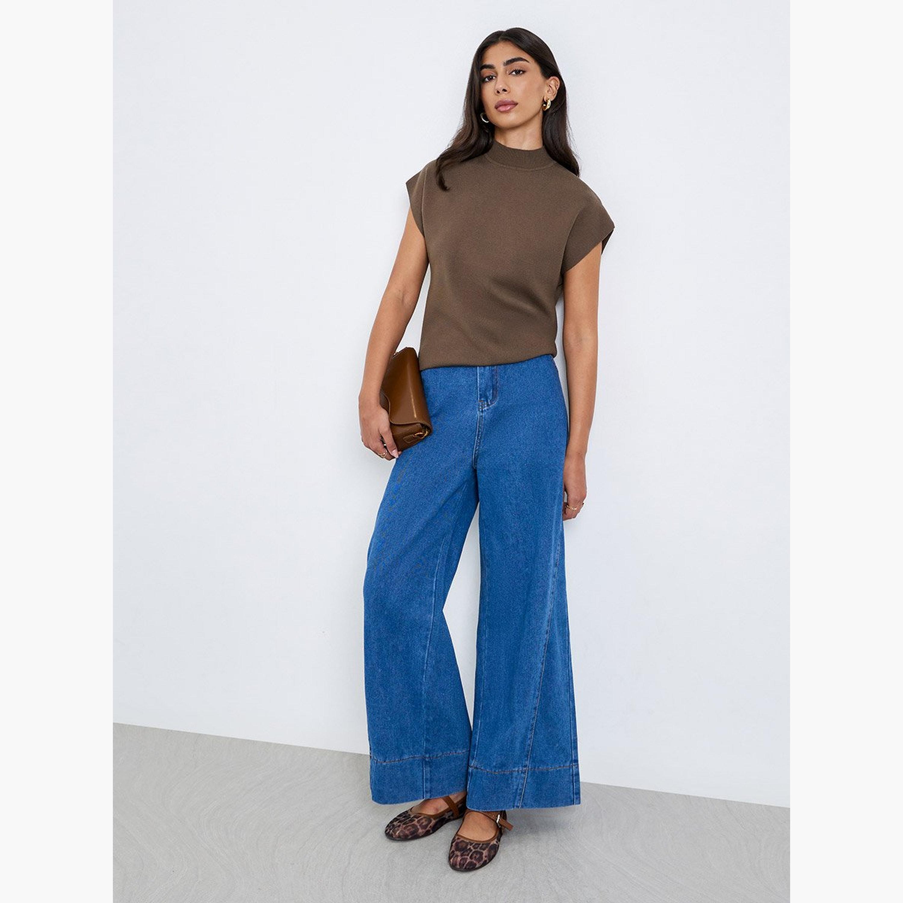 Styli Brown Knit Top with Short Sleeves-women-clothing-tshirts-image-2