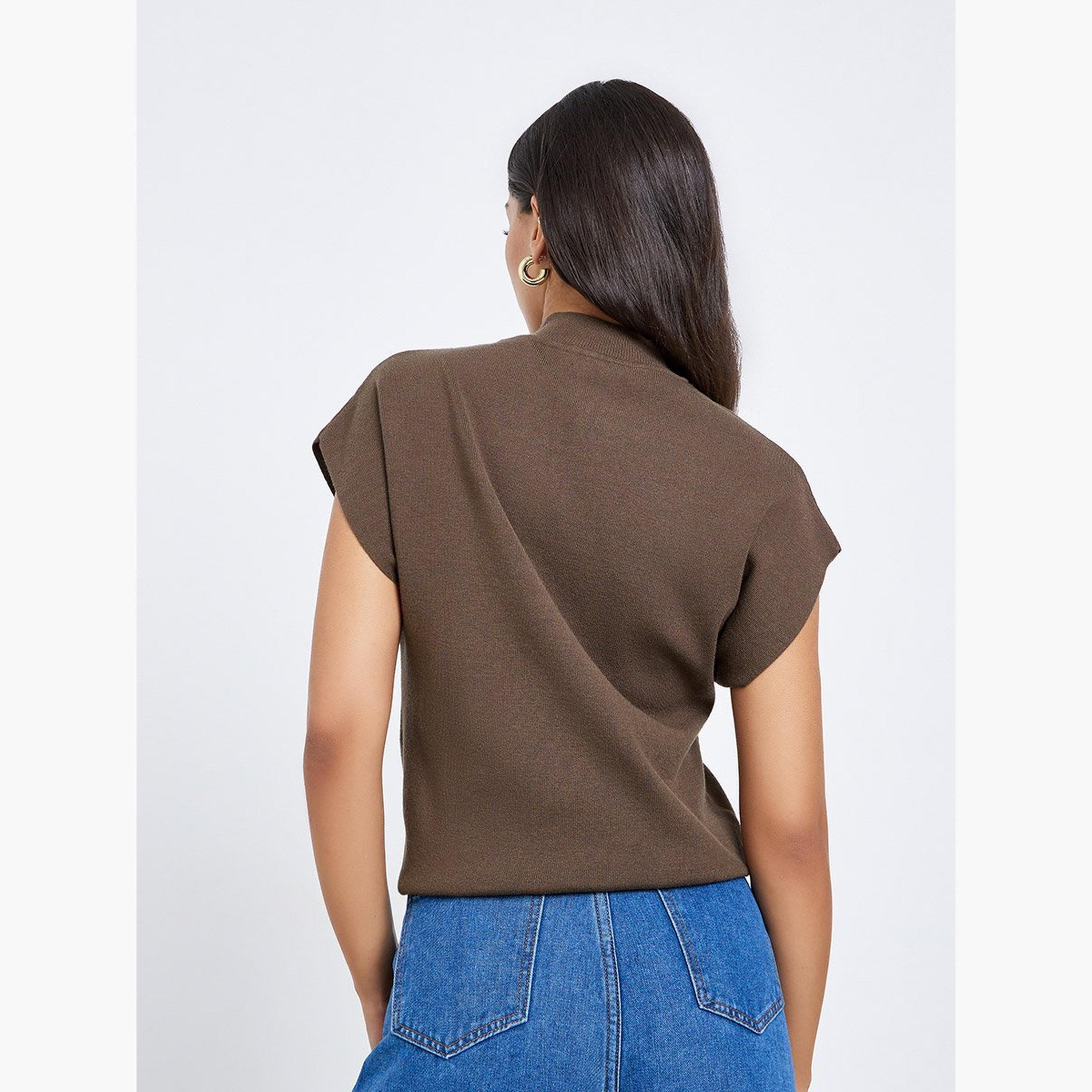 ستايلي - بلوزة بنية محبوكة بأكمام قصيرة-women-clothing-tshirts-image-4
