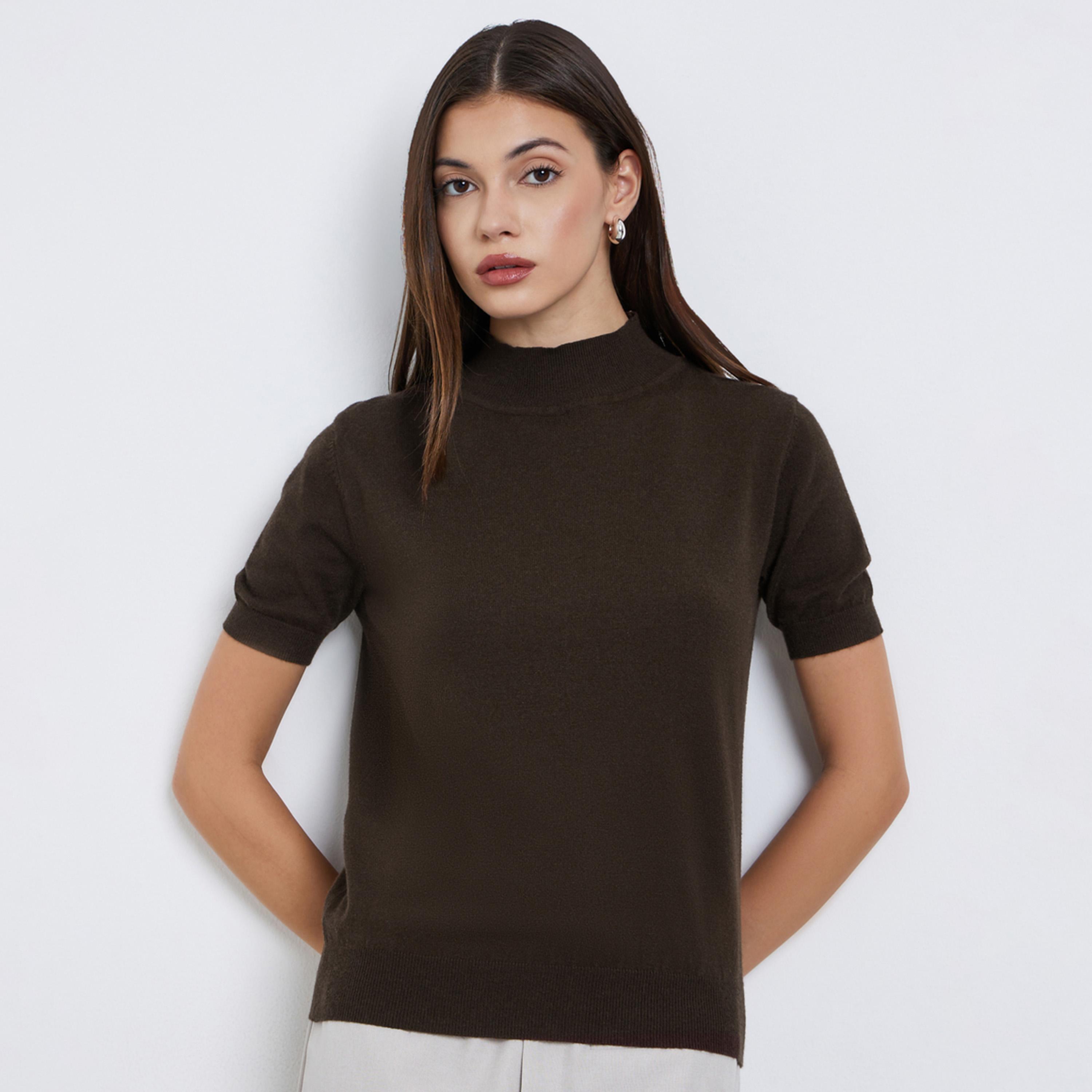 Styli Brown Short Sleeve Knit Top-women-clothing-shirtsandblouses-shirts-image-1